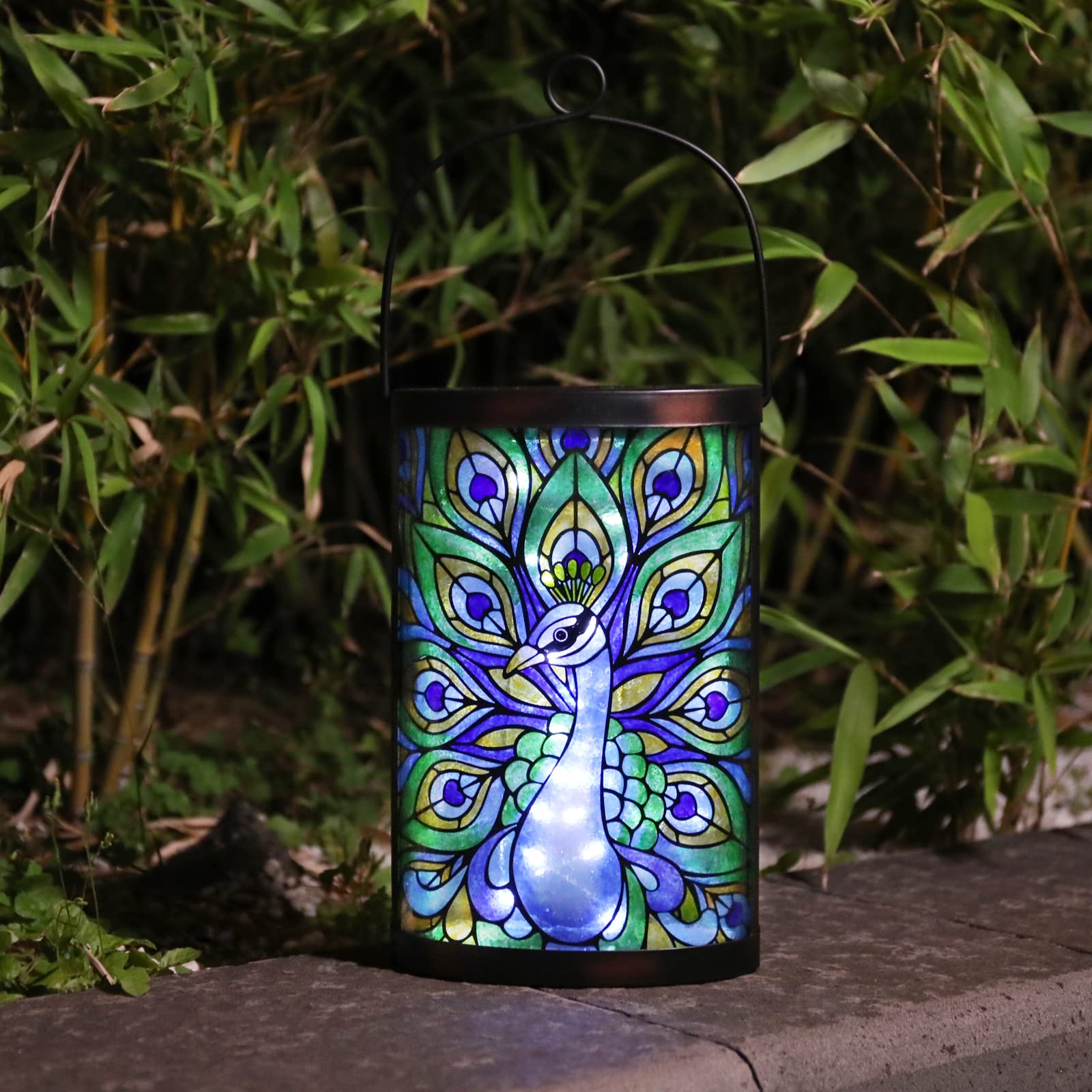 Solar Peacock Lights Outdoor Hanging - Waterproof Glass LED Solar Lantern for Garden, Yard, Tree & Desk Decor - Perfect for Patio, Pathway & Wedding Decoration
