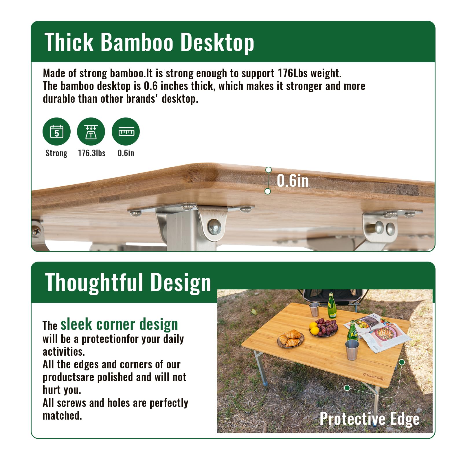 KingCamp 4-Fold Lightweight Bamboo Camping Table with Adjustable Aluminum Legs - Portable Folding Picnic Table for Outdoor, Beach, RV, Camping & Indoor Use - Includes Carry Bag for Easy Transport