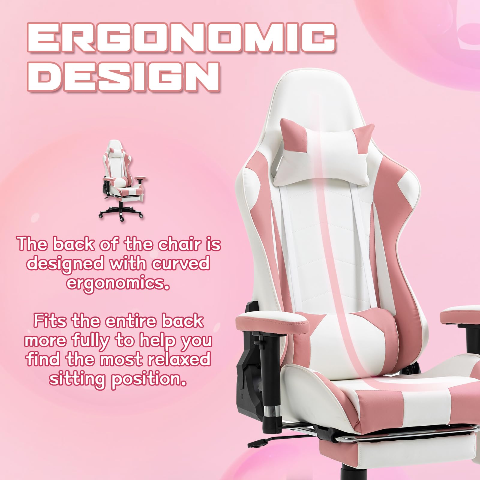 ECOTOUGE Ergonomic Gaming Chair with Footrest - Pink & White PC Office Desk Chair, Racing Style Recliner with Adjustable Headrest & Lumbar Support - Perfect for Gamers, Streamers & Home Office Workers