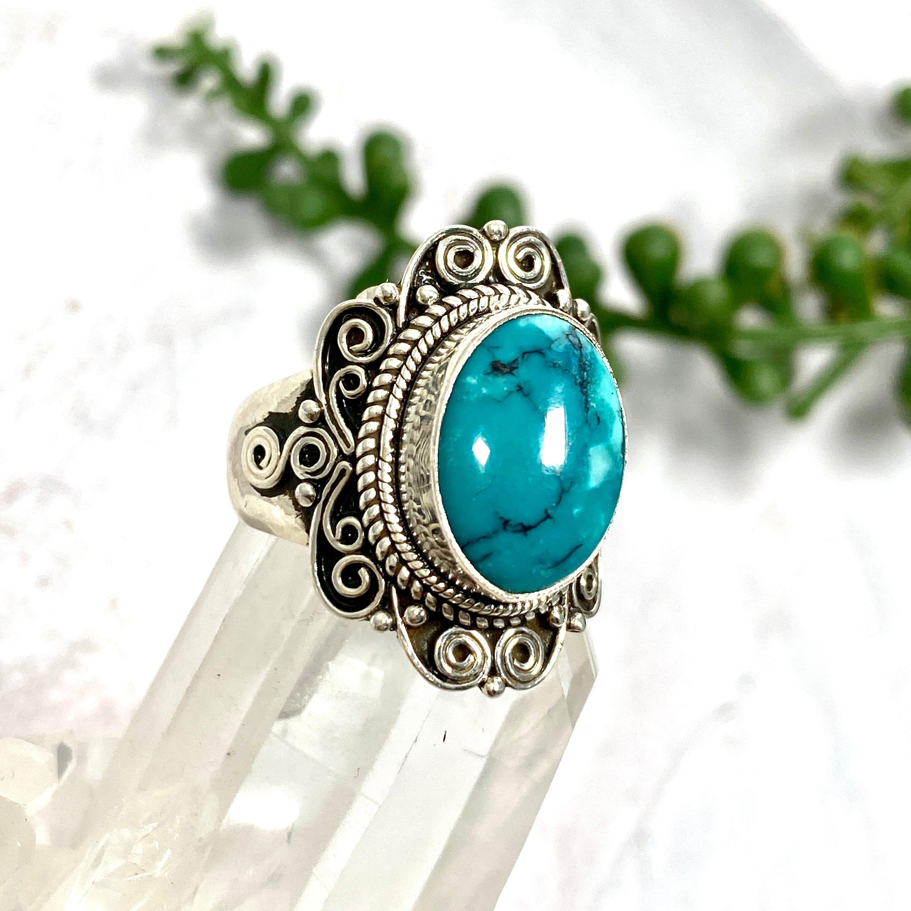 Boho Style Turquoise Oval Ring Size 8 - Handmade Sterling Silver Jewelry for Women, Perfect for Festivals, Weddings & Everyday Boho Fashion