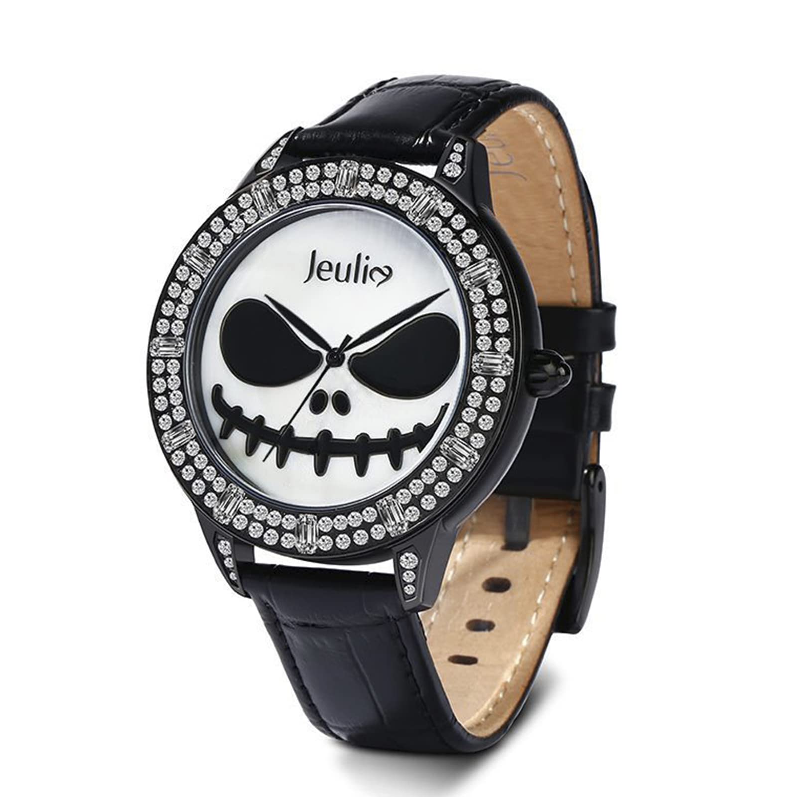 Jeulia Women's Skull Watch with Diamond Accents - Slim Black Leather Strap, Quartz Movement, Mother-of-Pearl Dial - Unisex Fashion Watch for Business, Sports & Casual Wear