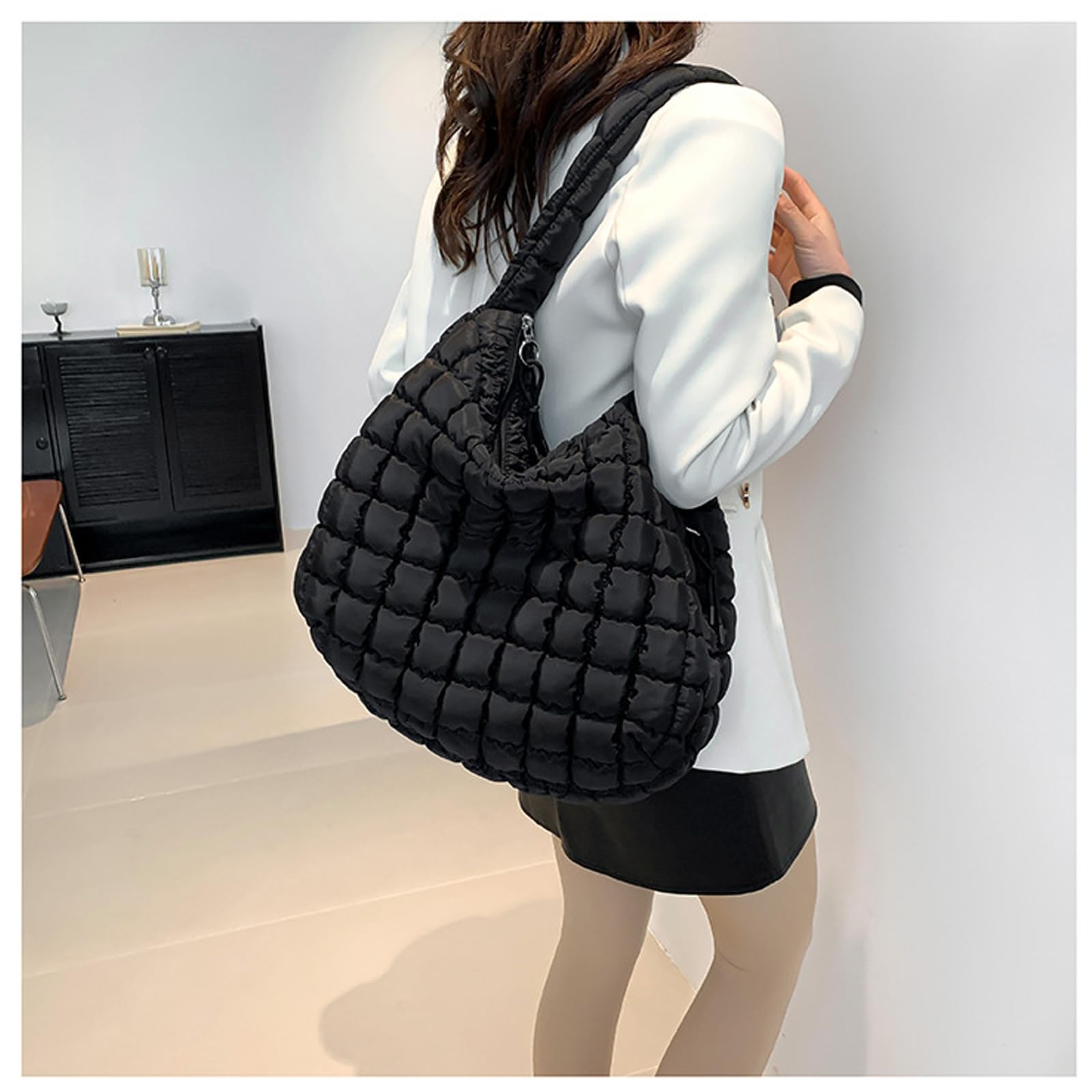 Quilted Puffer Tote Bag for Women - Lightweight Quilted Shoulder Bag with Zip Closure - Stylish Green Satchel Handbag - Perfect for Work, Travel & Daily Use