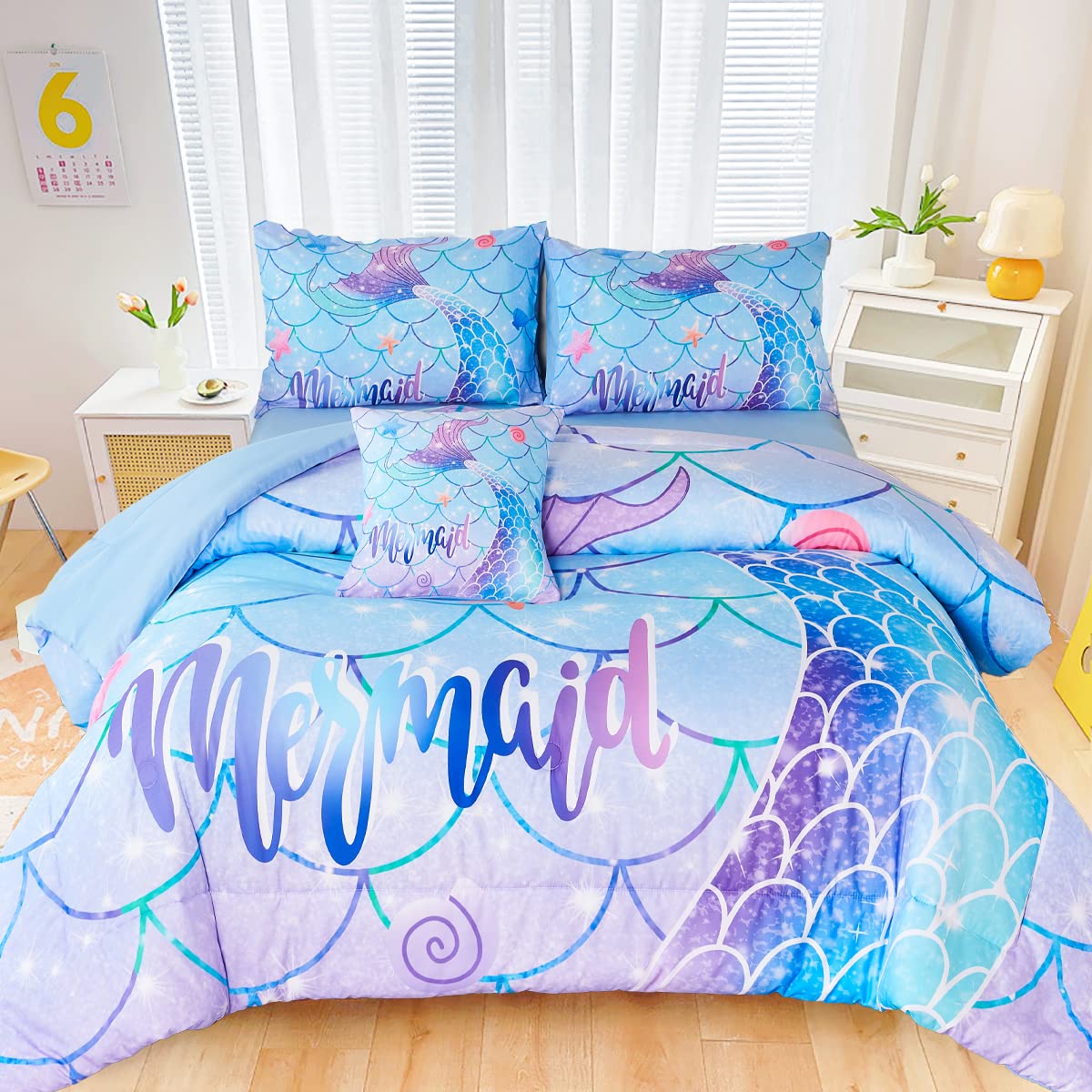 URBONUR Twin Size Mermaid Tail Glitter Comforter Set - 6Pcs Bed-in-a-Bag with Fish Scale Shell & Starfish Design in Gradient Aqua Blue, Teal, Pink & Purple - Girls Bedroom Quilt Set for Fantasy Themed Decor | Perfect for Kids Rooms, Sleepovers & Underwater Theme Parties