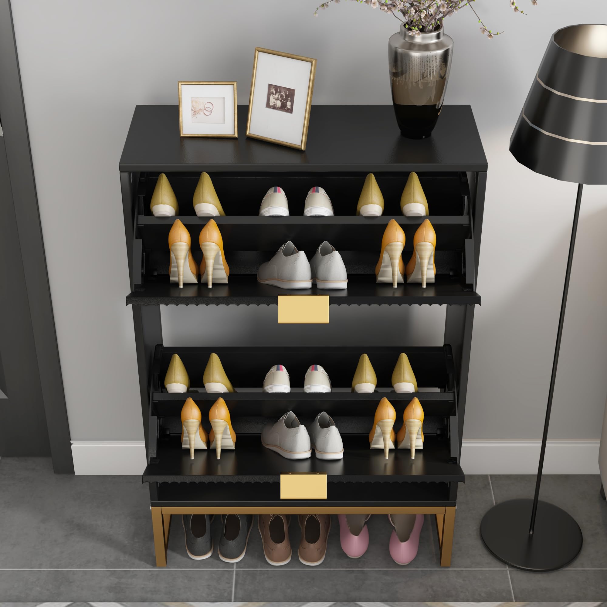 Modern Wooden Shoe Storage Cabinet with 2 Flip Drawers & Metal Legs - Freestanding Fluted Shoe Rack Organizer for Entryway, Hallway, Closet (Black, 35.8