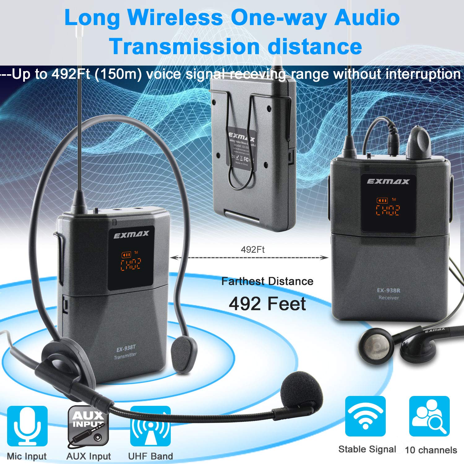 EXMAX UHF-938 Wireless Headset Microphone System - 1 Transmitter & 6 Receivers for Tour Guide, Church, Translation, Teaching, Travel & Simultaneous Interpretation - Ideal for Presentations, Events, Conferences & Public Speaking