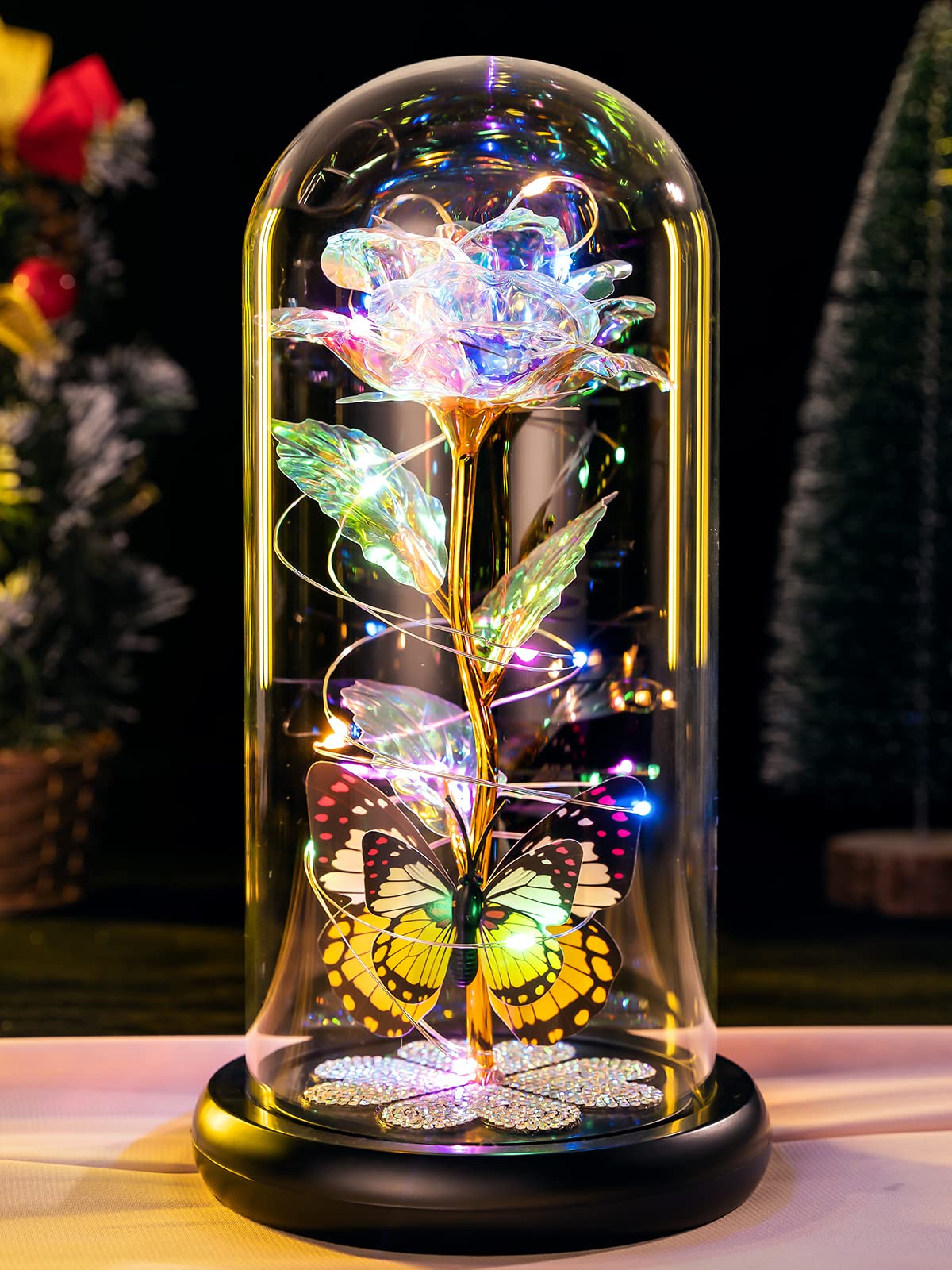 Eternal Crystal Rose in Glass Dome with LED Light & Butterfly - Colorful Mother's Day Birthday Gift for Women, Mom, Wife, Grandma, Daughter | Romantic Home Decor, Wedding Centerpiece, Anniversary Keepsake