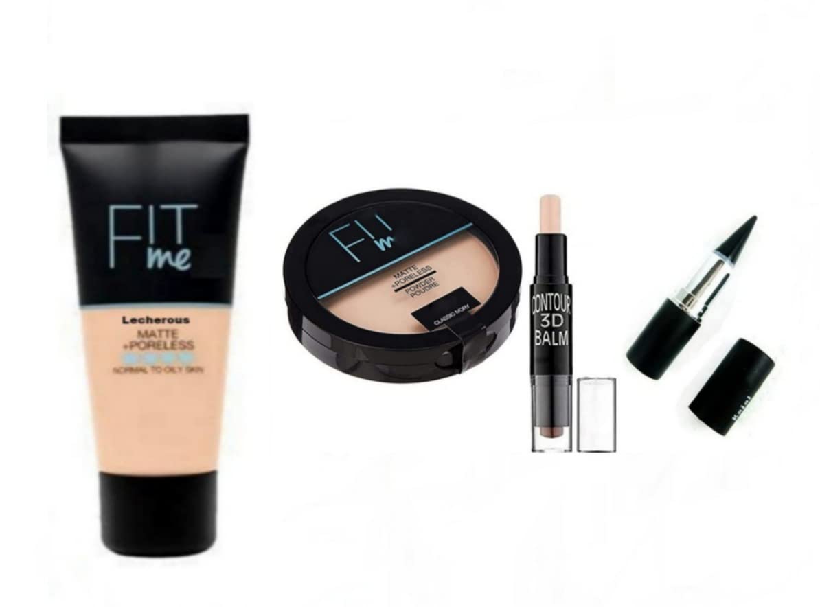 Fit Me Matte+Poreless Liquid Foundation & Compact Powder Set - Oil Control, Sun Protection, Natural Finish | Contour Stick Highlighter & Kajal Eyeliner for Flawless Makeup | Perfect for Daily Wear, Parties & Special Occasions
