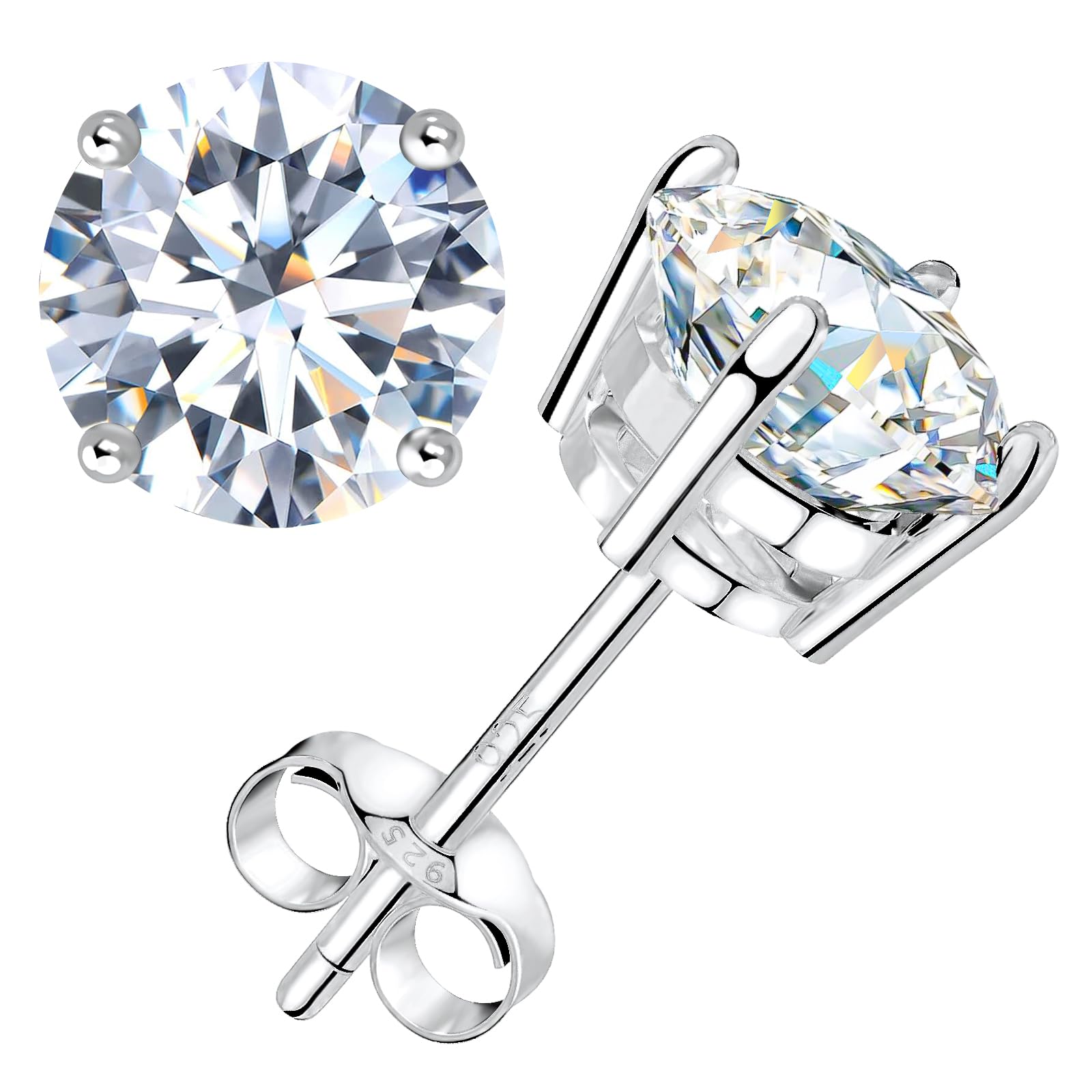 BREN Moissanite Stud Earrings for Women & Men - 18k White Gold Plated S925 Sterling Silver, D Color Brilliant Round Cut Imitation Diamond Earrings - Perfect for Weddings, Anniversaries, Gifts & Everyday Elegance