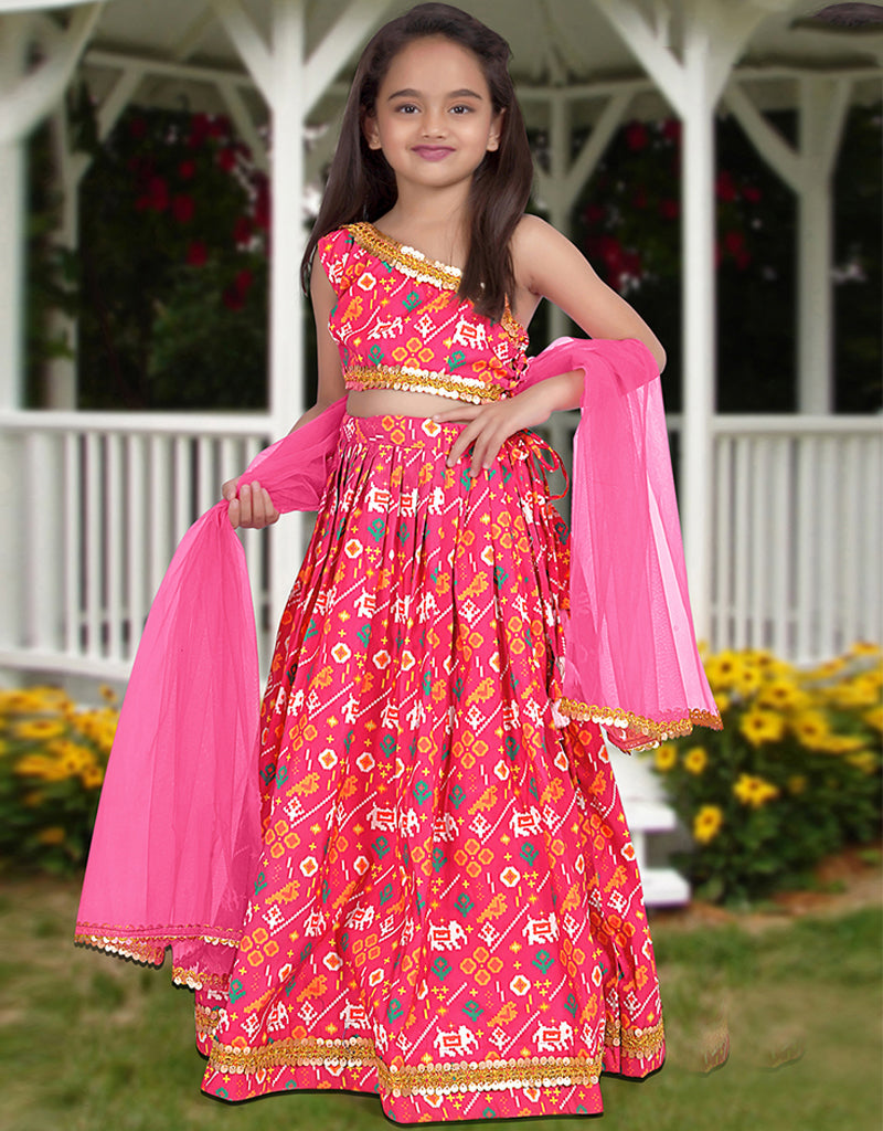 Kids Silk Lehenga Choli Set - Designer Digital Print, All-Season Soft Net Pink Outfit for Festivals & Weddings
