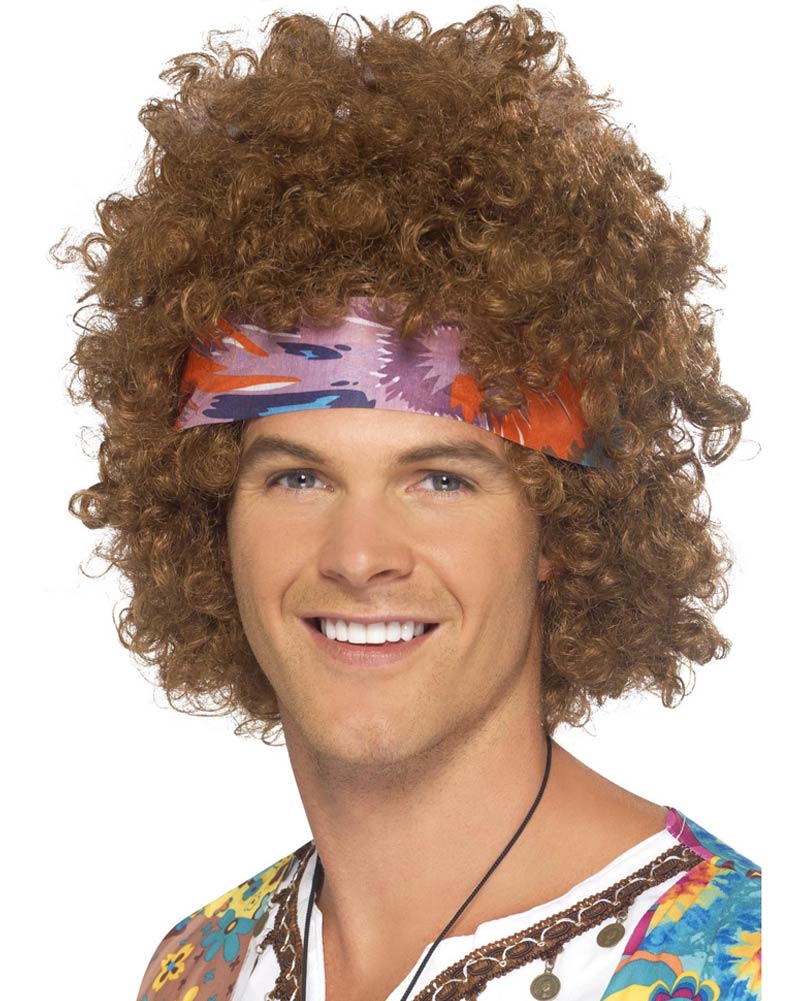 60s Hippie Afro Wig Headscarf and Necklace Set - Vintage Costume Accessories for Halloween, Cosplay & Theme Parties