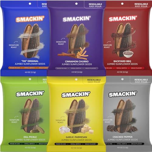 SMACKIN' Roasted Jumbo Sunflower Seeds - 6 Flavor Variety Pack (12 Bags, 4oz Each) | Small-Batch American Made Keto Snacks | Perfect for Road Trips, Office Snacking & Game Day Treats