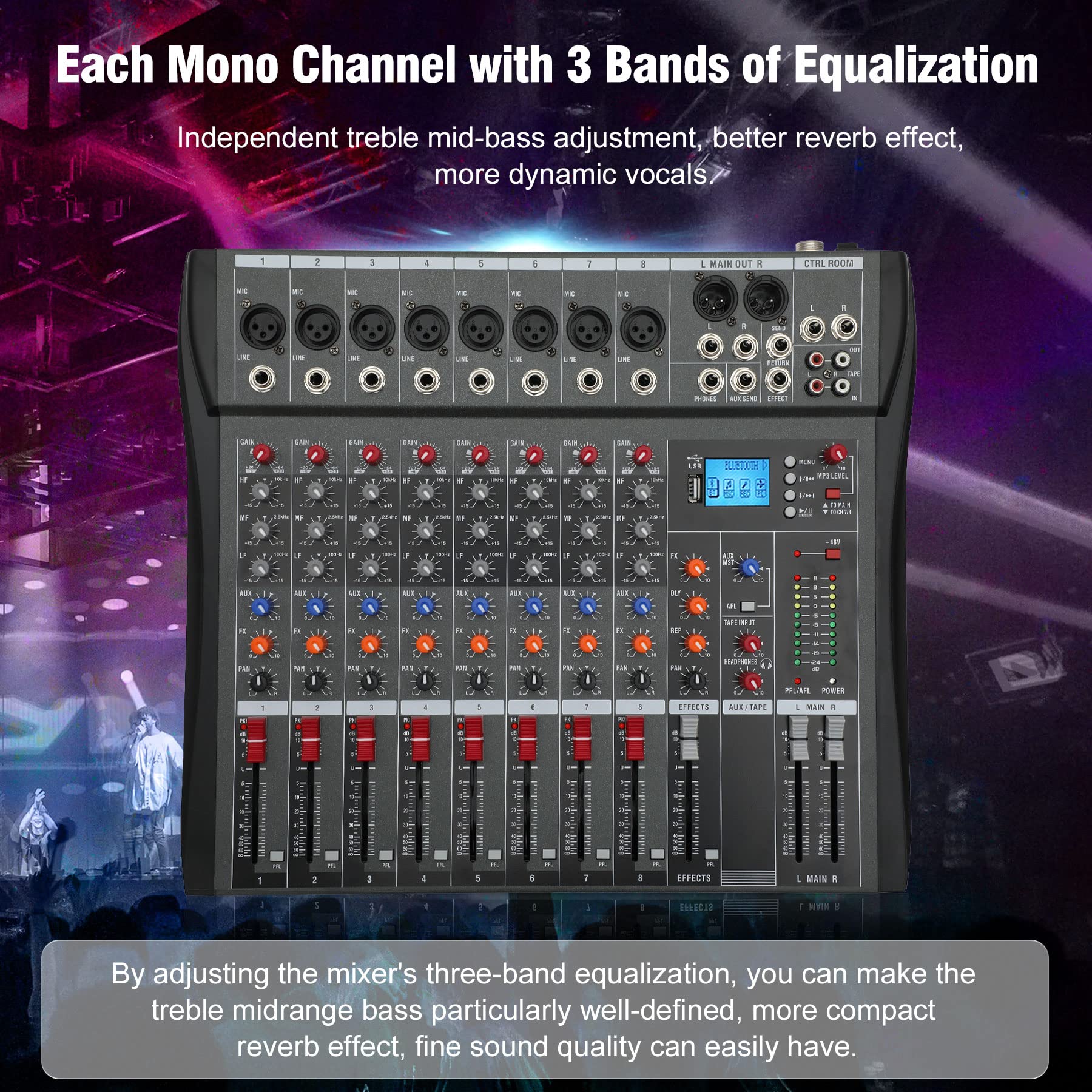 8-Channel Wireless DJ Audio Mixer with Bluetooth & USB - Professional DJ Equipment with Effects, 48V Phantom Power, RCA Input/Output - Perfect for Live Performances, Clubs, Home Studios & Beginner DJs