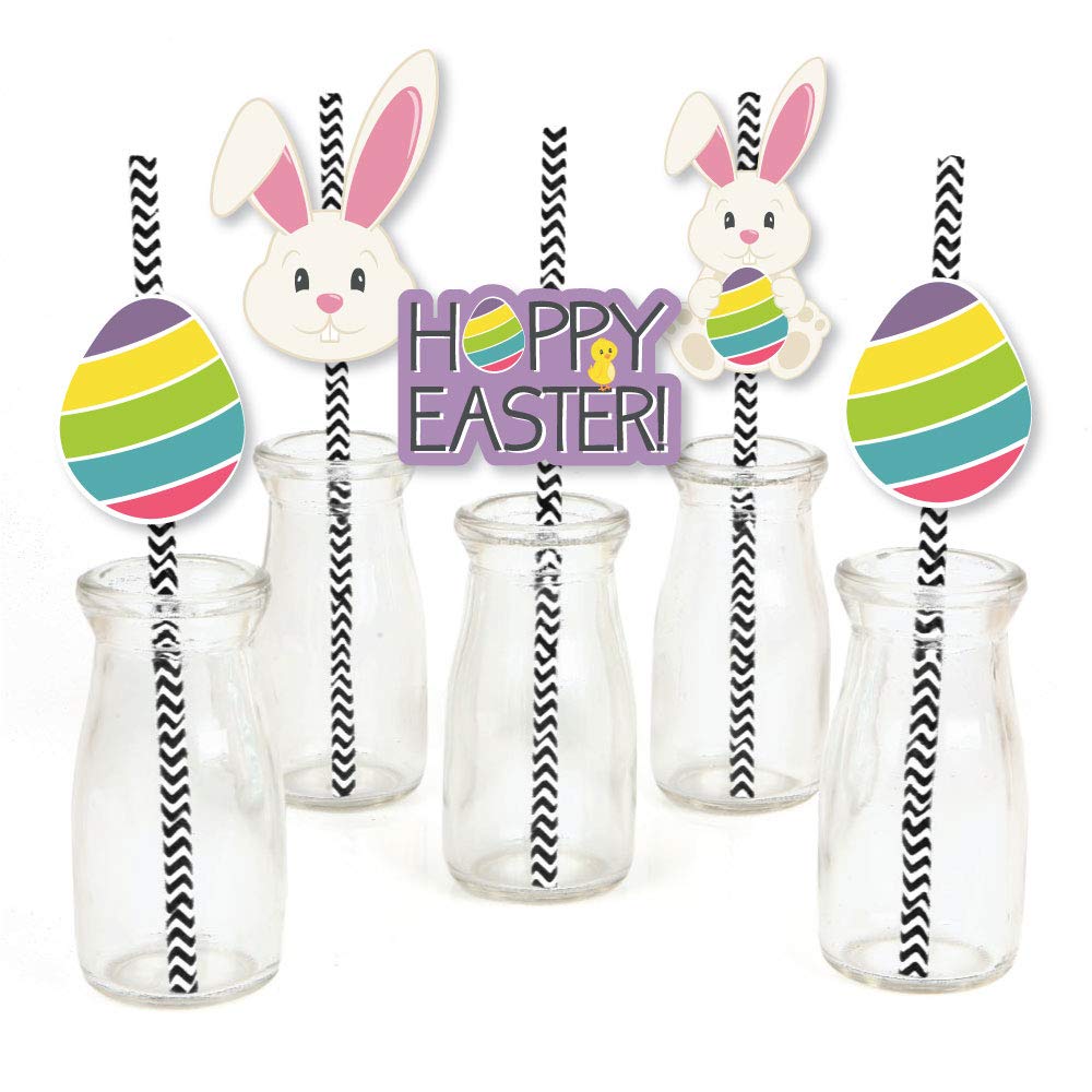 Big Dot of Happiness Hippity Hoppity Easter Bunny Paper Straws - 24 Pack Striped Party Decorations for Easter Celebrations, Spring Parties & Kids Birthday Decor