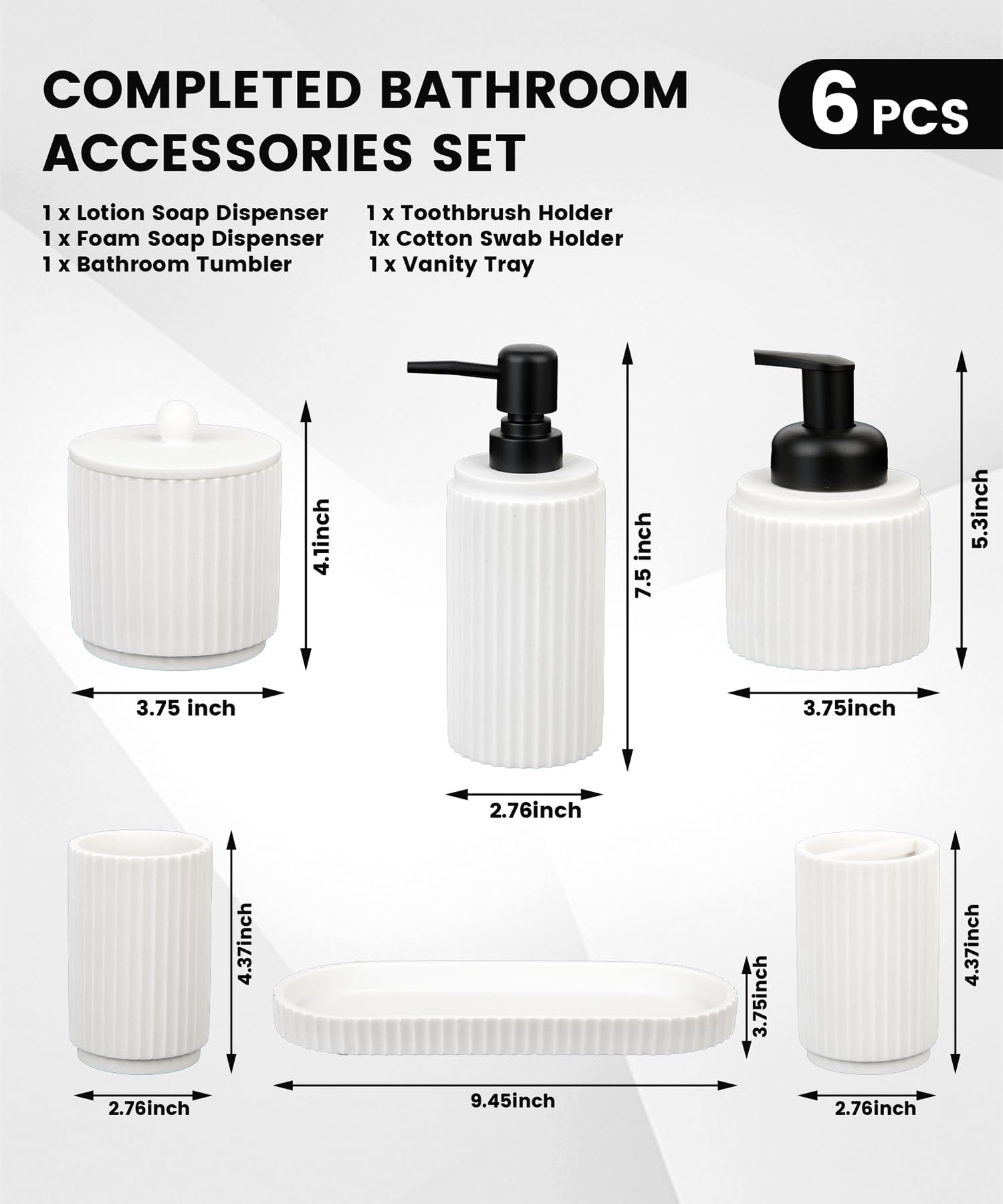 6-Piece White Bathroom Accessory Set - Toothbrush Holder, Soap Dispenser, Vanity Tray, Tumbler & Organizer | Modern Countertop Storage for Bathroom, Guest Room & Spa Decor