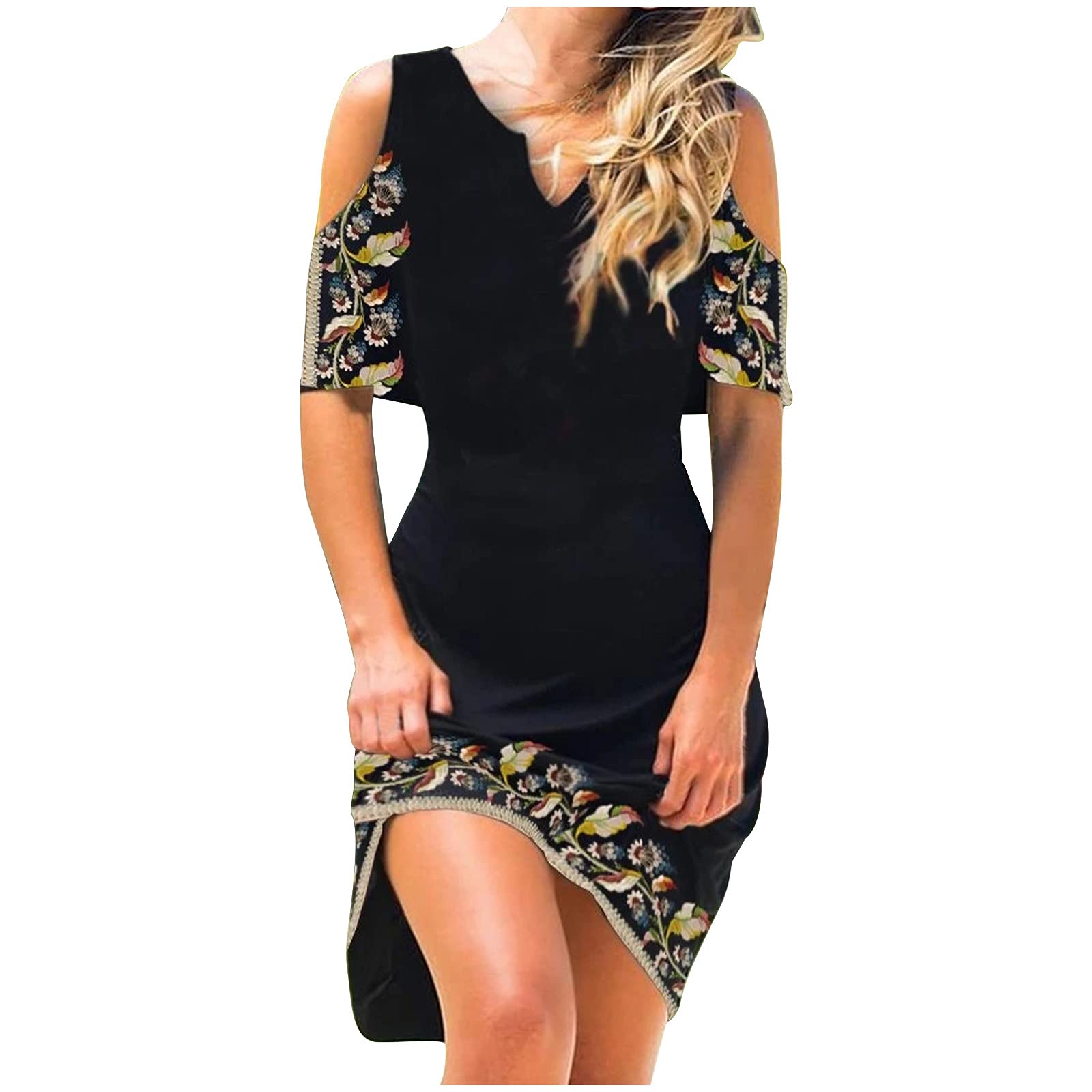 Vintage Floral Sundress for Women - Cold Shoulder Short Sleeve V-Neck Knee-Length Summer Dress | Perfect for Beach Vacations, Garden Parties & Casual Outings