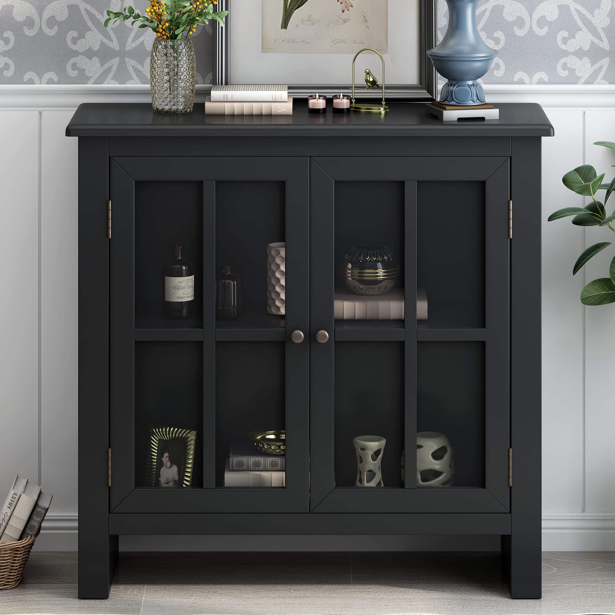Amposei 31.5-Inch Buffet Sideboard Cabinet with Glass Doors - Adjustable Shelf Storage Cabinet for Coffee Bar, Living Room, Entryway, Bedroom & Kitchen - Modern Black Furniture for Home Organization & Entertaining