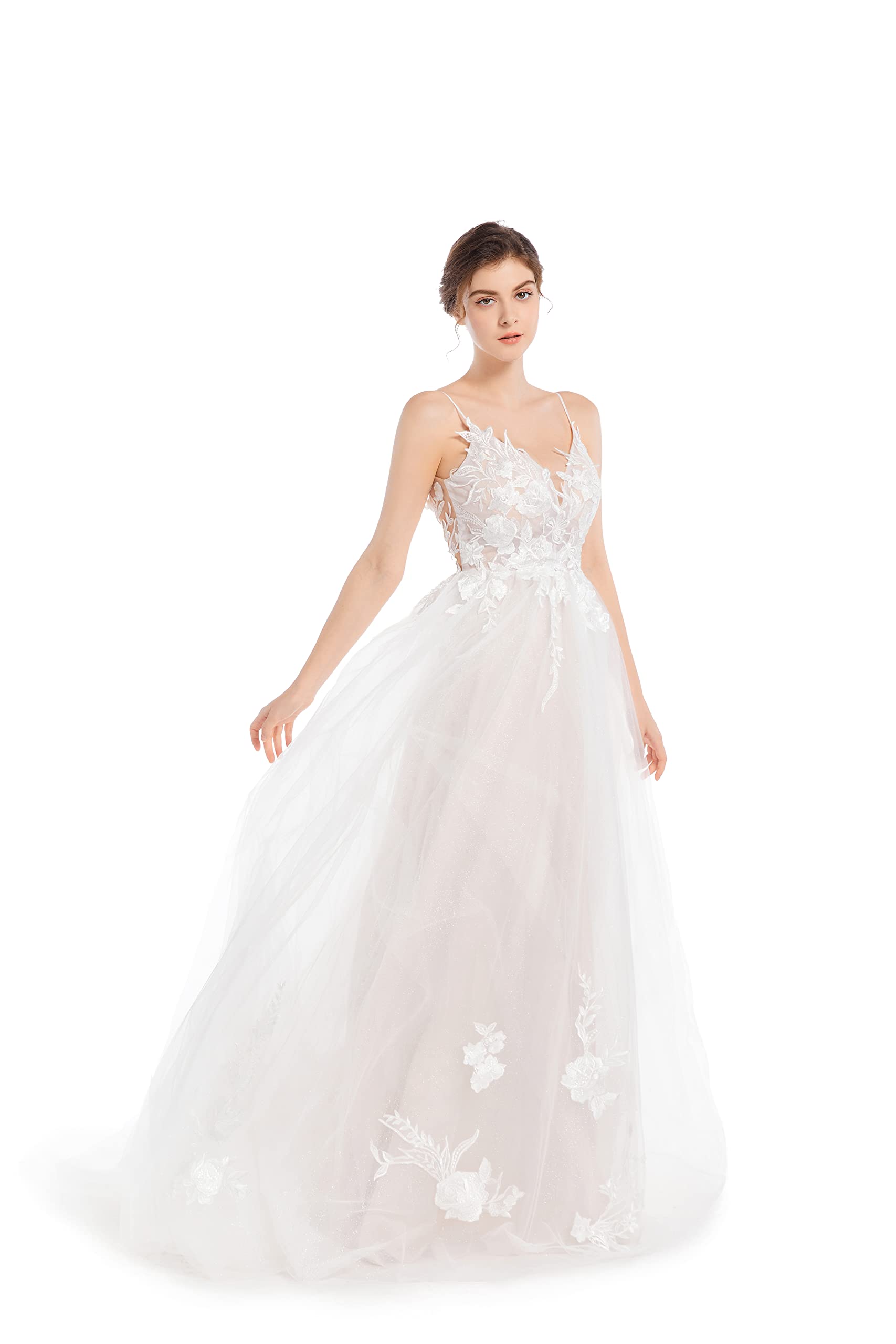 Elegant Boho Beach Wedding Dresses for Women - Sexy Spaghetti Straps Lace Bridal Gown with Appliques & Open Back Design | Perfect for Beach Weddings, Vow Renewals & Romantic Photoshoots