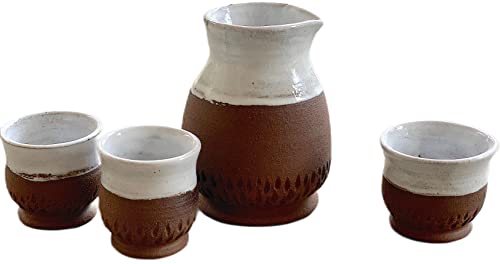 Handmade White and Brown Sake Set - Artisan Pottery Clay Bottle with 4 Matching Shot Glasses | Japanese Ceramic Drinking Set for Sake, Whiskey & Cocktails | Perfect for Home Bar, Dinner Parties & Gifts