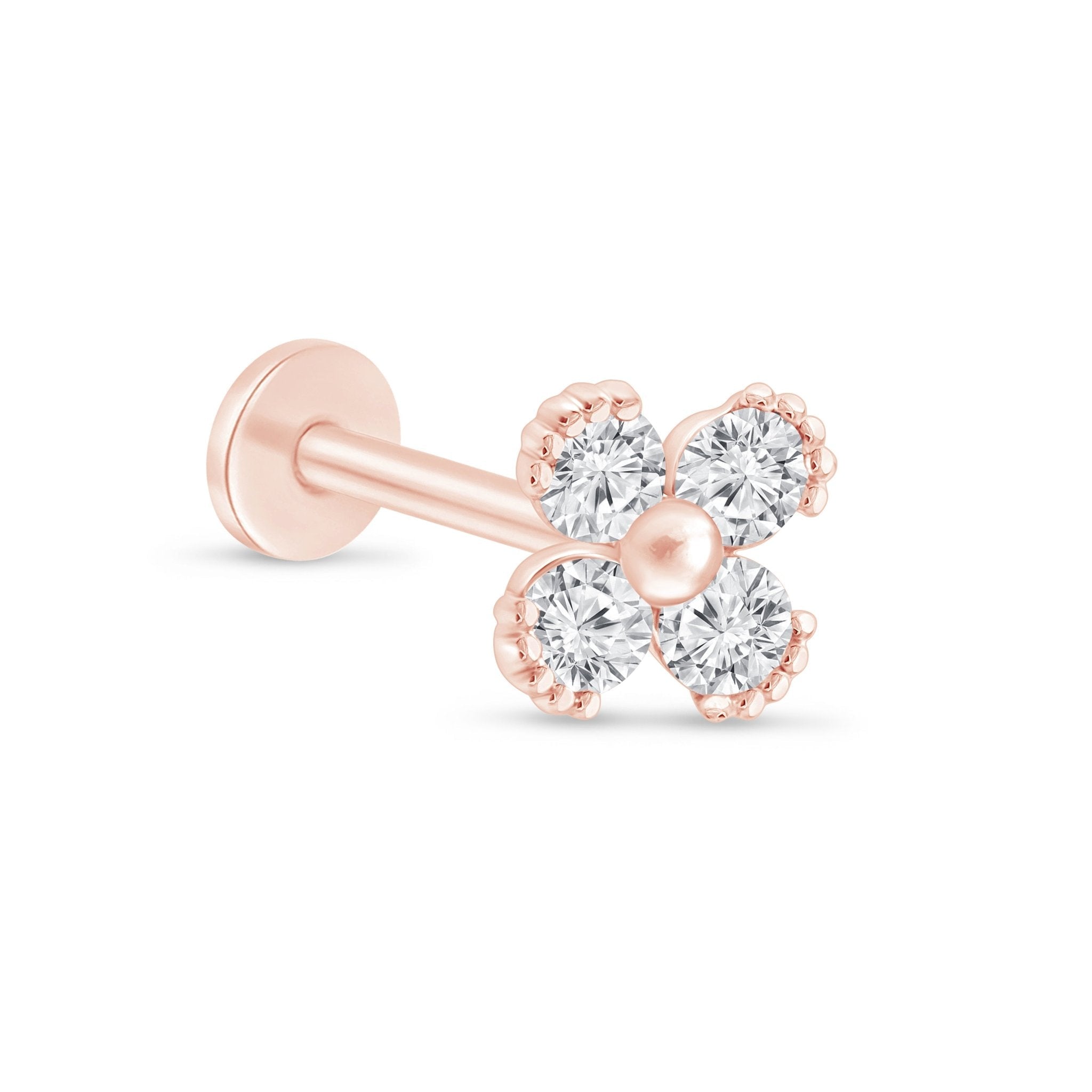 14K Rose Gold Beaded Diamond Four Petal Flower Flat Back Stud Earrings - Perfect for Weddings, Parties & Everyday Elegance
