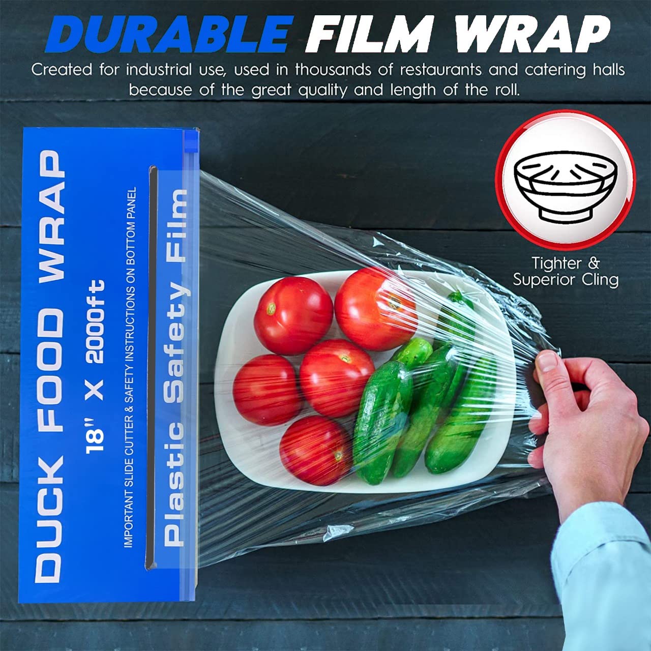 Duck Brand Commercial Grade Food Safety Plastic Wrap - 18 Inch x 2000 Feet, Heavy Duty Stretch Film for Sealing & Food Storage | Ideal for Restaurants, Catering & Food Service Industry | Includes Easy Slide Cutter for Clean Cutting (4 Pack)