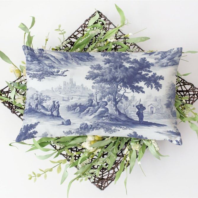 SILYHEART Decorative Toile Print Lumbar Pillow Cover - Navy White Blue French Charmed Life Design, Modern Square Cushion Cover 20x30 Inches for Sofa, Couch, Bedroom & Living Room Decor