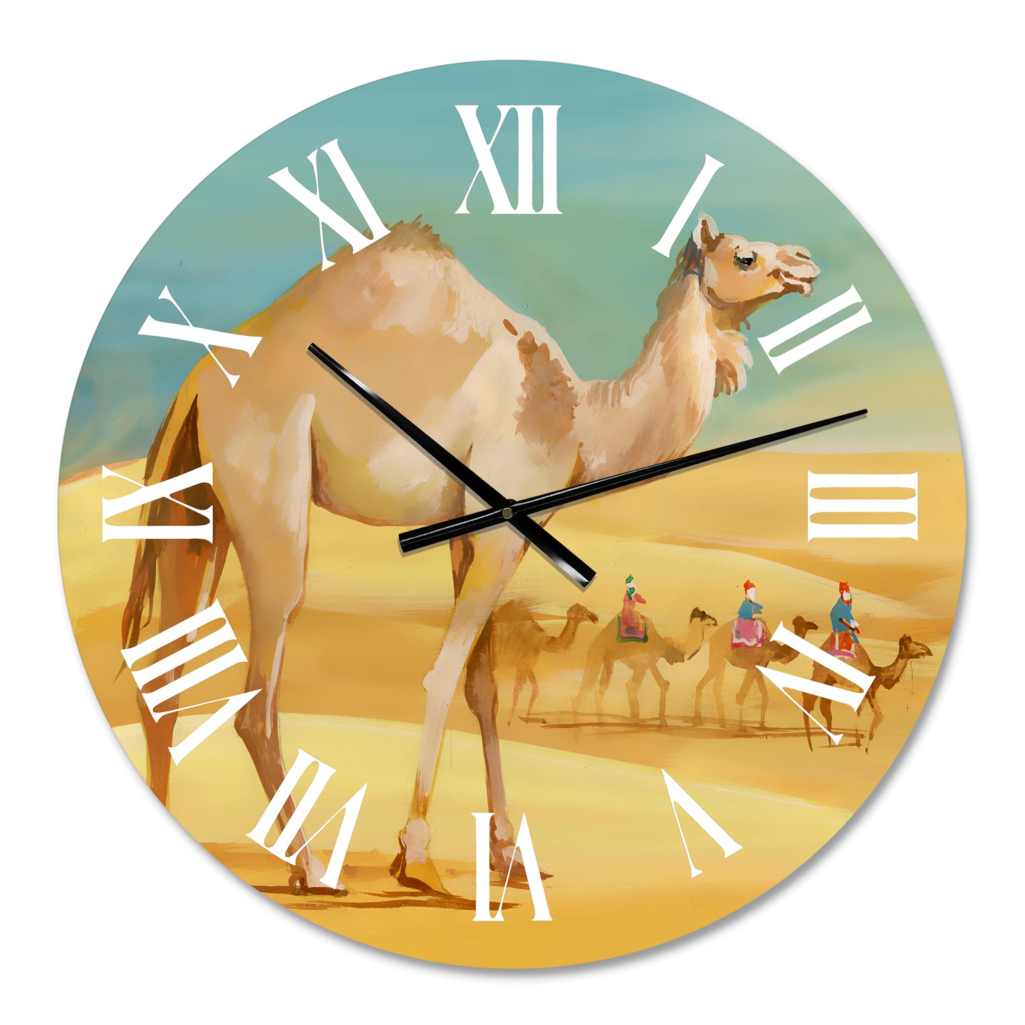 DesignQ Farmhouse Wall Clock 'Camels in Desert' - Large Animal-Themed Wall Clock for Bedroom, Living Room, and Office Decor