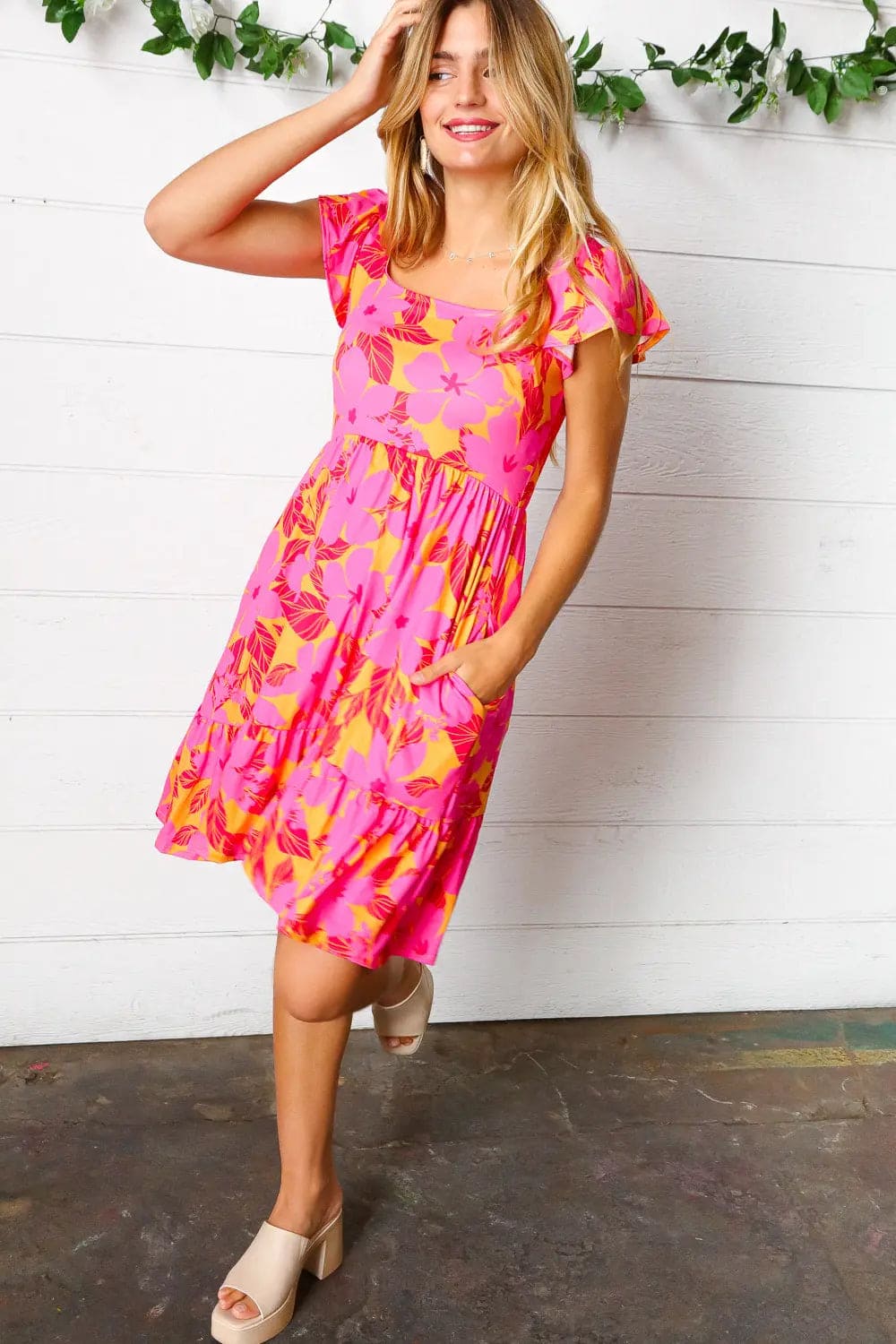 Fuchsia & Orange Tropical Floral Square Neck Summer Dress for Women - Beach Vacation, Party & Casual Outfit