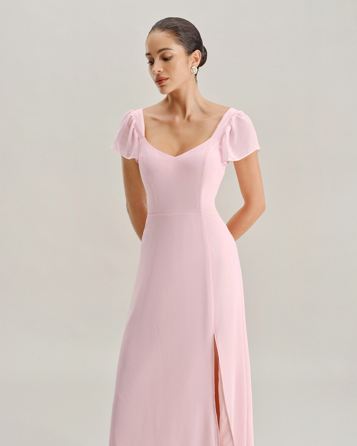 Elegant Pink Sweetheart Neck Chiffon Maxi Dress for Women - Perfect for Weddings, Parties & Summer Occasions