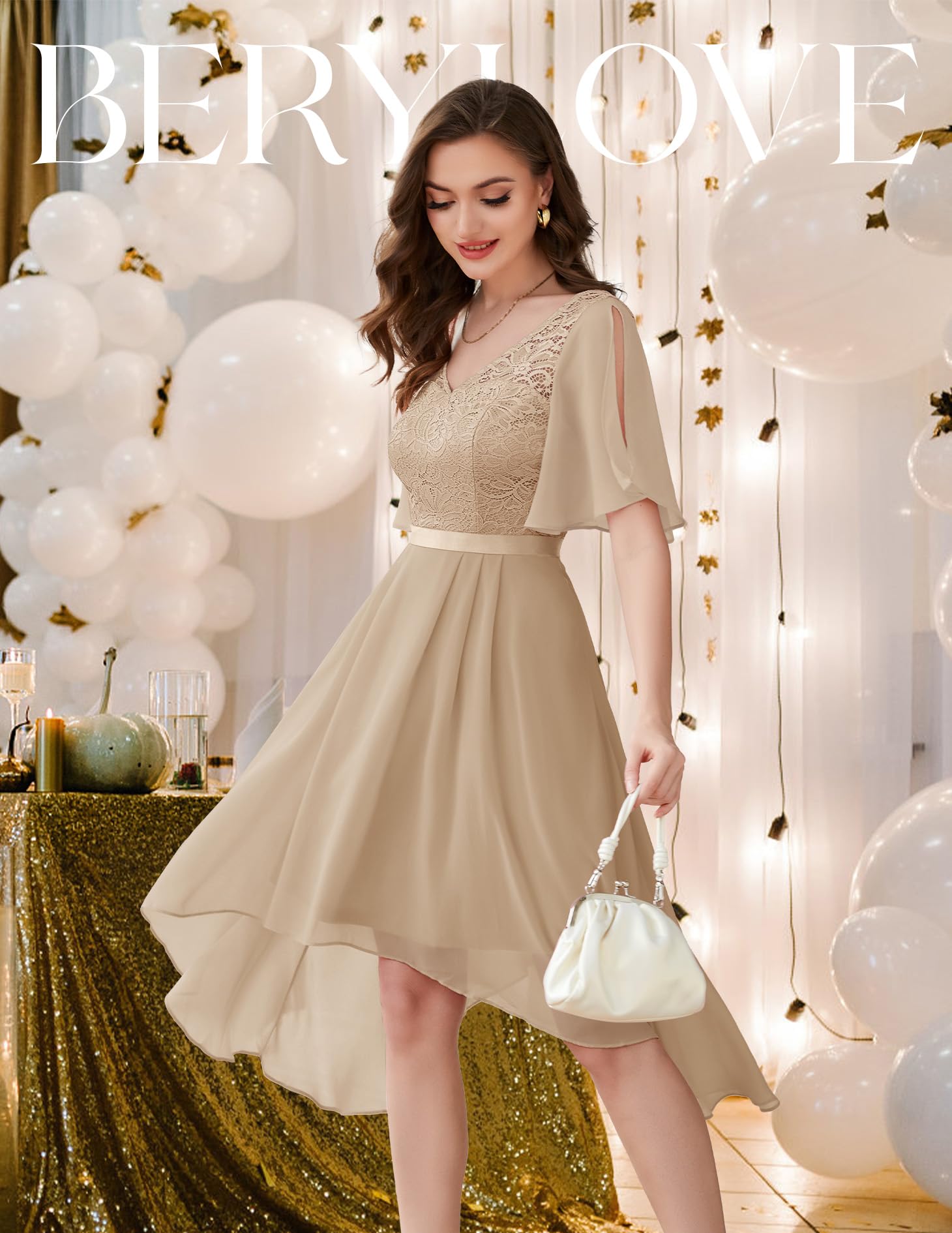 BeryLove Women's Elegant Lace Cocktail Dress for Prom, Wedding Guest & Bridesmaid - Flutter Sleeve Formal Gown 2025 | Perfect for Evening Parties, Bridal Showers & Special Occasions