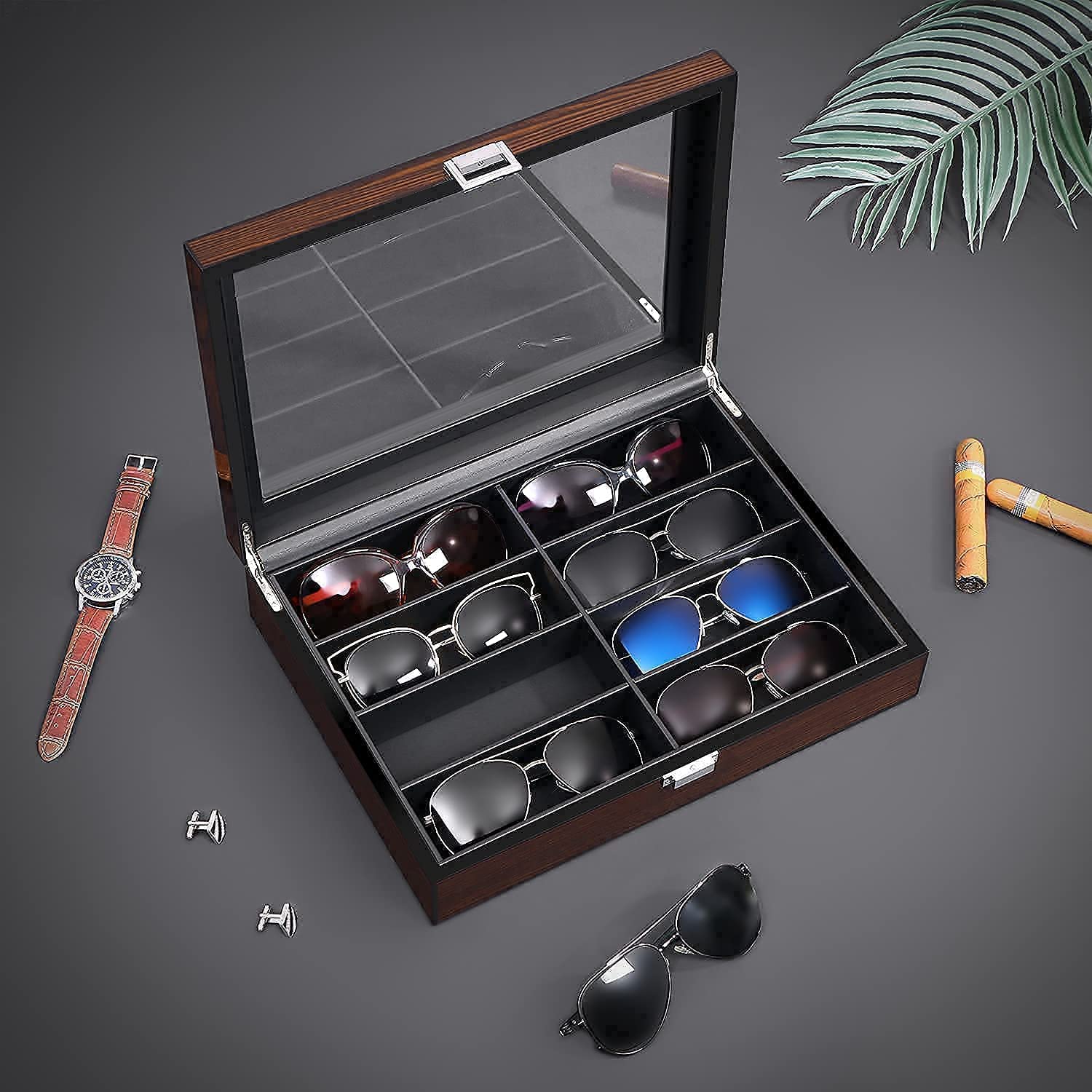 BEWISHOME 20 Slot Watch Box with 8 Slot Sunglasses Case - Premium Leather Watch Organizer for Men & Sunglasses Storage - Perfect for Travel, Home Display, and Gift Giving