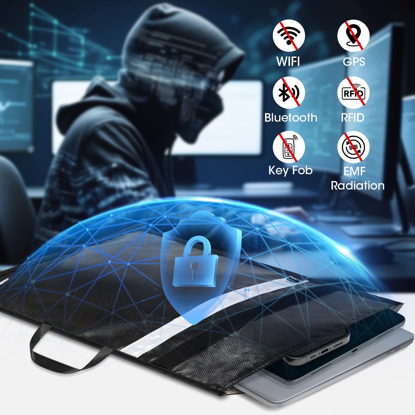 4 Pack Faraday Bags - Large EMP Proof Faraday Pouch with Reflective Strip, Upgraded RFID Blocking Key Fob Protector, Anti-Tracking & Fireproof Waterproof Faraday Cage for Phones, Laptop, Car Keys - Perfect for Travel, Privacy Protection & Emergency Preparedness