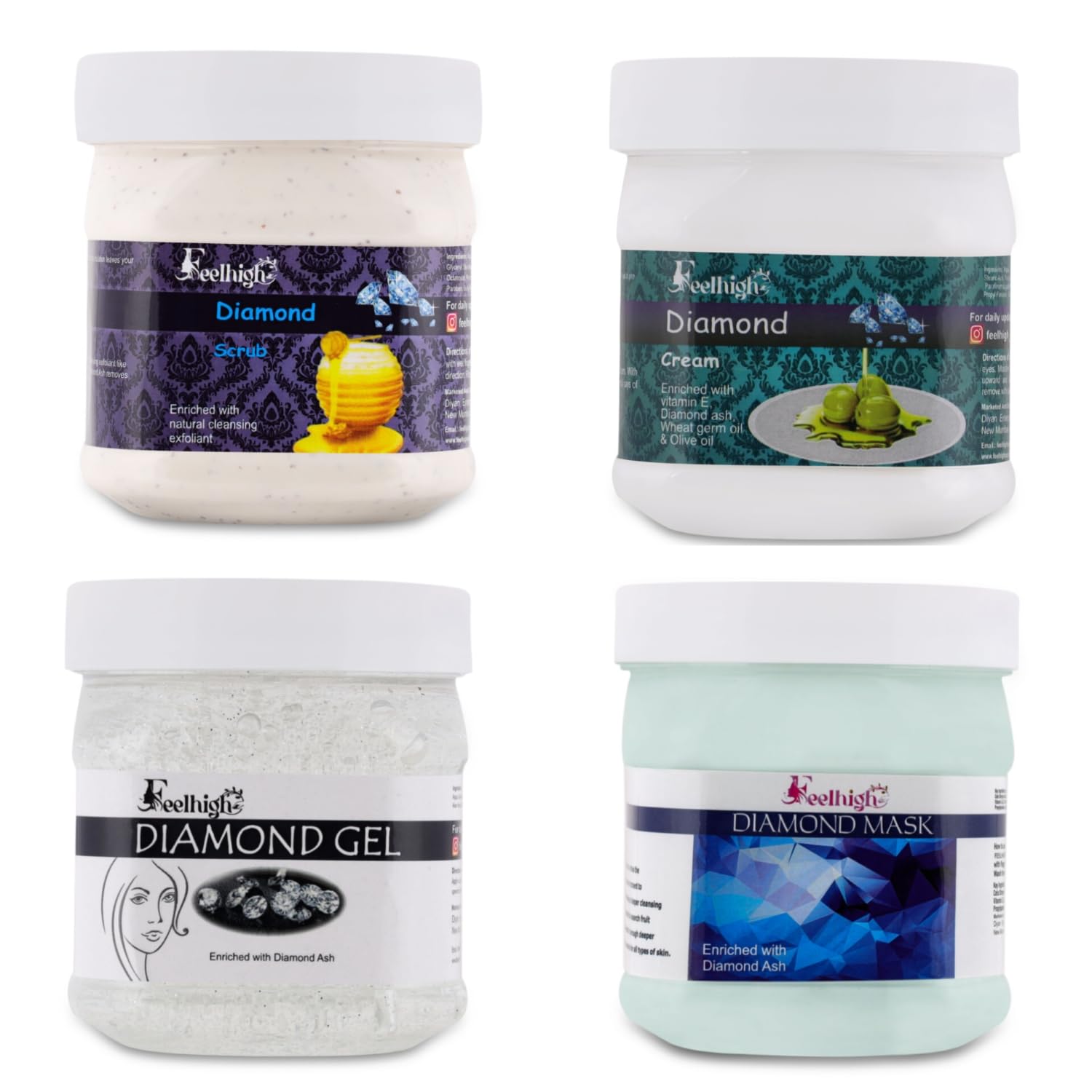 Feelhigh Diamond Facial Combo Set - Exfoliating Scrub, Moisturizing Cream, Revitalizing Gel & Nourishing Mask - Complete Skincare Kit for Men & Women (4-Piece Set) - Perfect for Daily Routine, Spa Days & Gift Giving