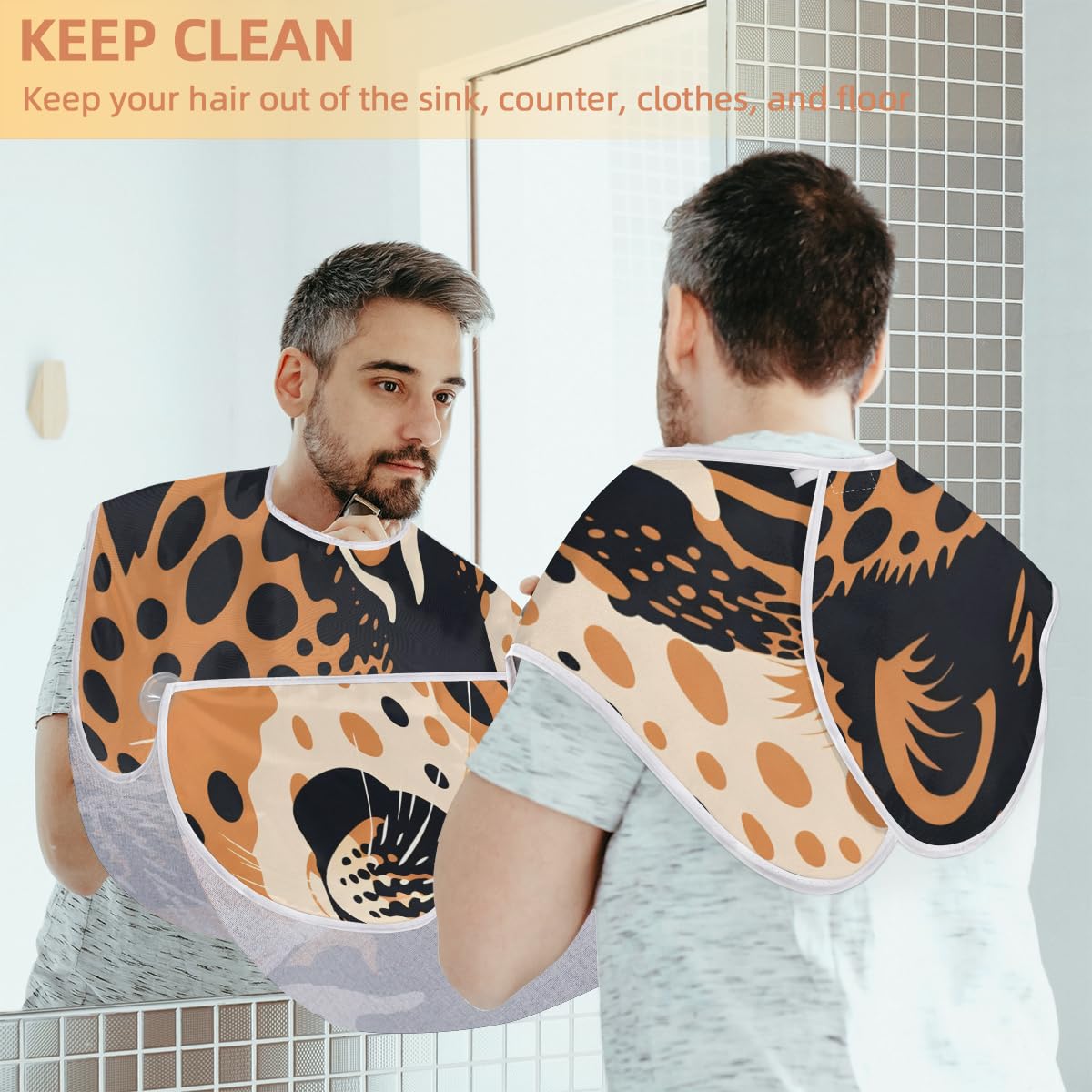 Cartoon Leopard Print Barber Bib for Men & Women - Waterproof Shaving & Hair Dye Apron with Sink Catcher - Perfect for Beard Trimming, Makeup, Haircuts & Salon Styling (Great Gift for Barbers & Stylists)
