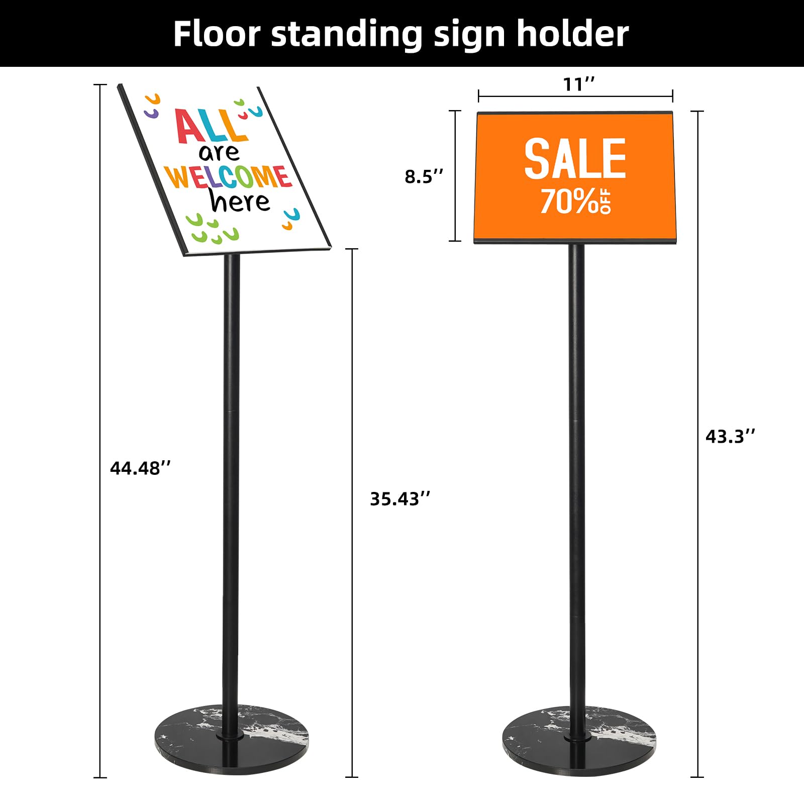 Floor Sign Holder Stand - 8.5 x 11 Inches Marble Base Display Stand for Vertical & Horizontal Posters - Perfect for Retail Stores, Business Shows & Event Signage - Black