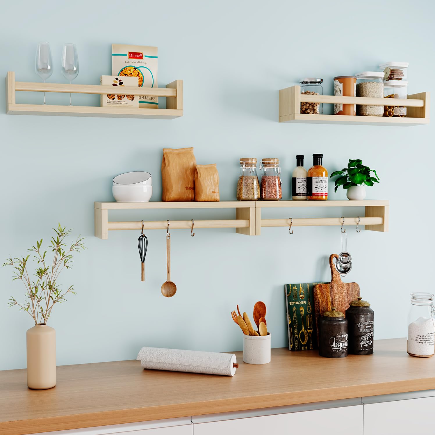 2 Pack Floating Shelves for Kids Room, Nursery, Bathroom, Bedroom, Living Room, Kitchen & Office - Solid Wood Wall Mounted Display Shelves for Books, Decor & Organizing
