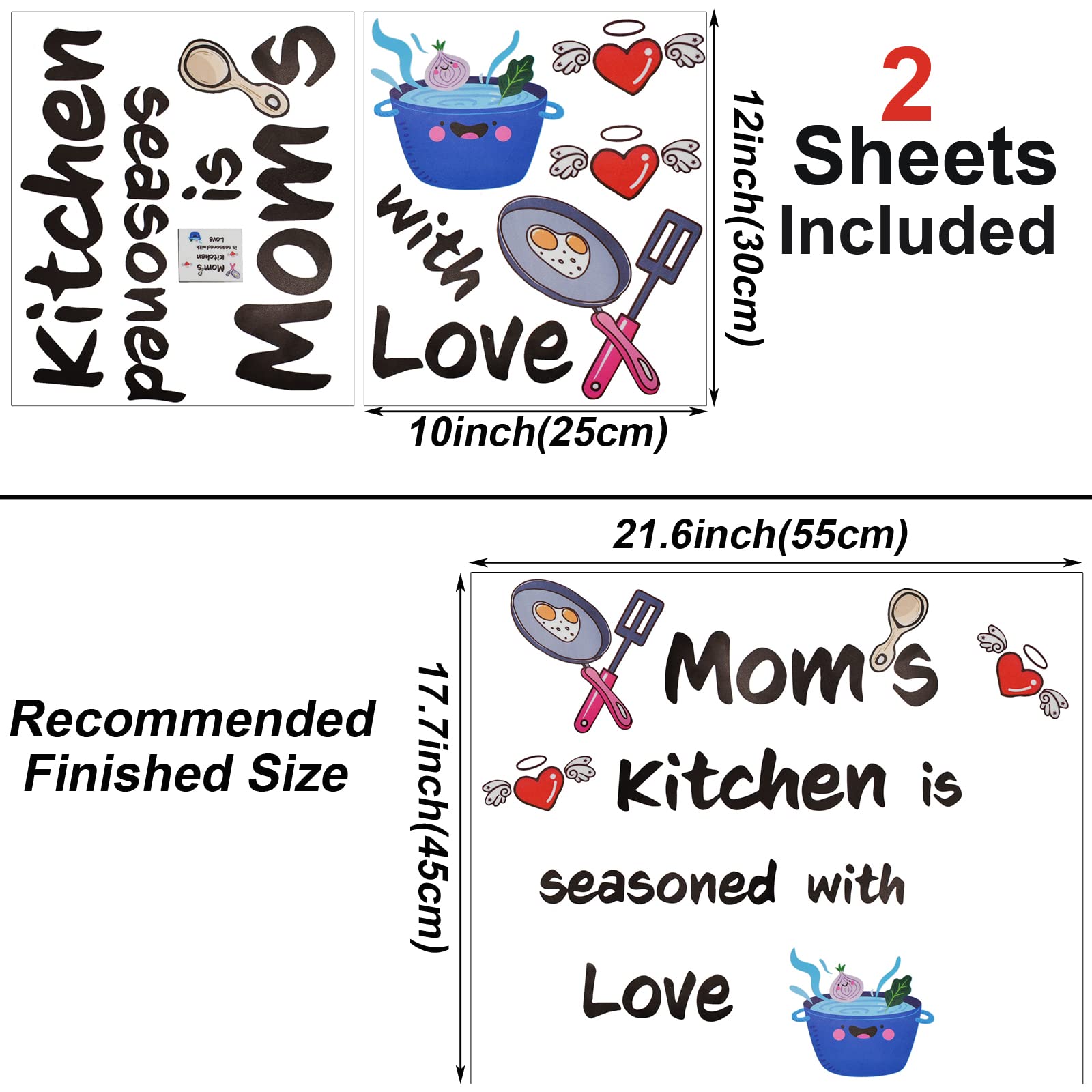 Maydahui 2-Pack Kitchen Wall Decals - 17.7x21.6 Inch Inspirational Quote Stickers for Mom, 'Mom's Kitchen is Seasoned with Love' - Perfect for Home Decor, Chef Gifts & DIY Kitchen Wall Art