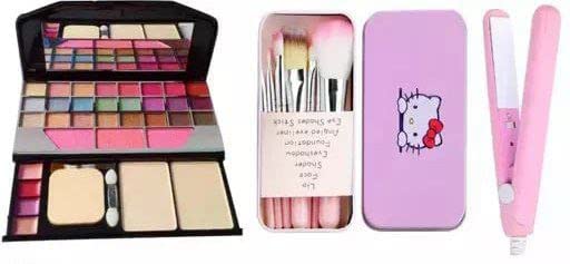 Jarsvoy TYA 6155 7-Piece Pink Makeup Kit with Mini Hair Straightener - Perfect for Travel & Gifts