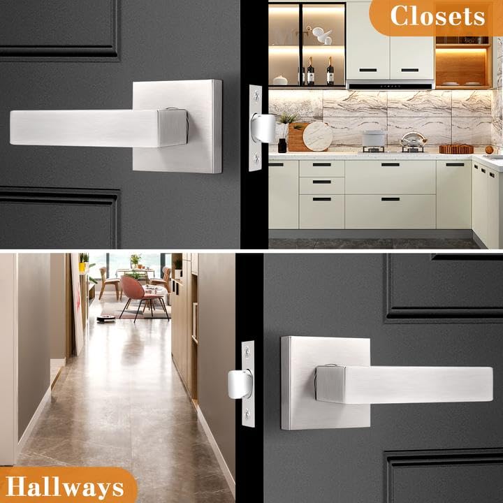 Probrico 6 Pack Satin Nickel Square Door Levers - Heavy Duty Interior Non-Locking Passage Door Handles for Hall & Closet | Keyless Entry Leversets | Perfect for Bedrooms, Bathrooms & Storage Rooms