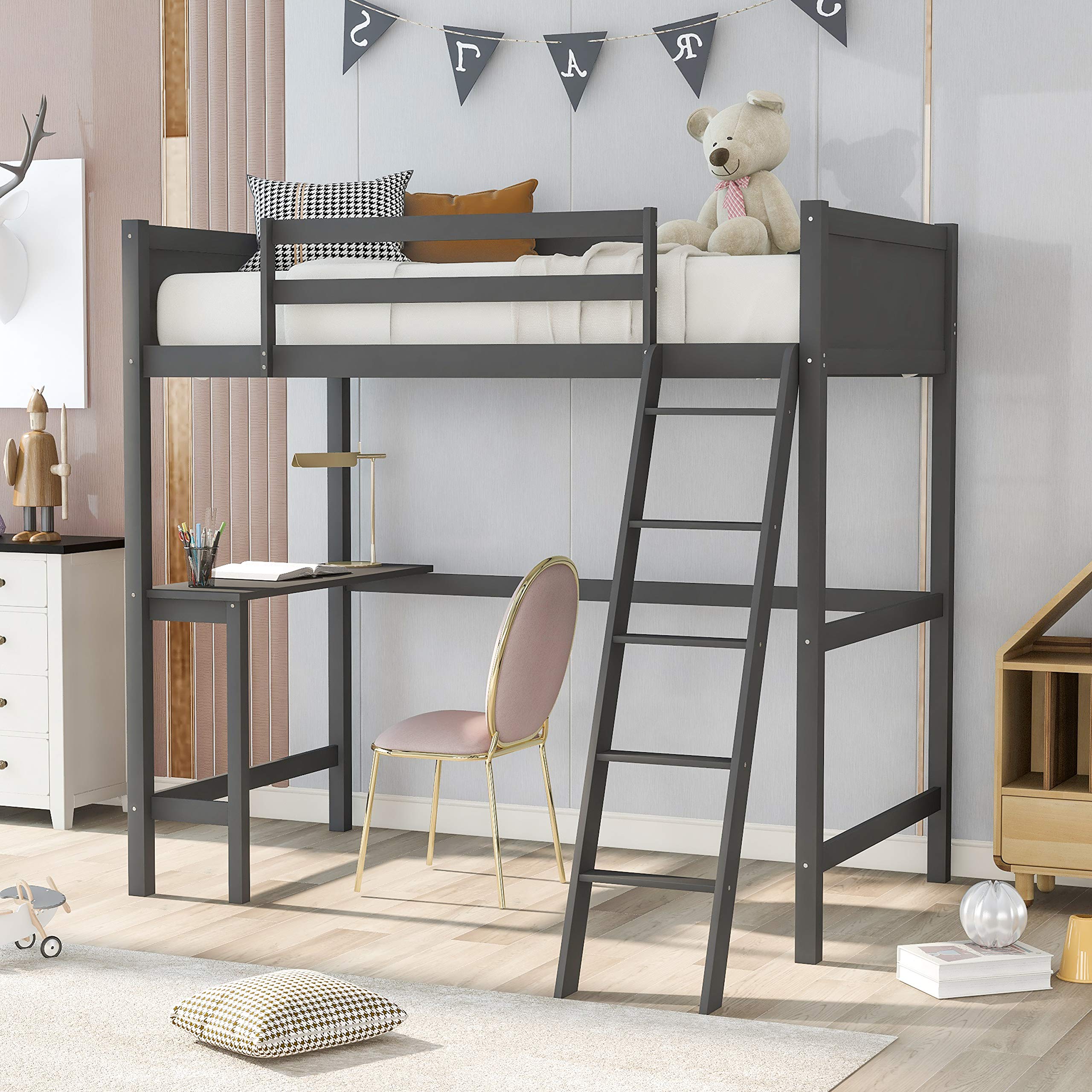Merax Twin Size Loft Bed with Study Desk - Sturdy Wooden Bunk Bed Frame with Safety Ladder & Guardrail - Space-Saving Kids/Teens Loft Bed in Gray - Perfect for Small Bedrooms, Dorm Rooms & Studio Apartments