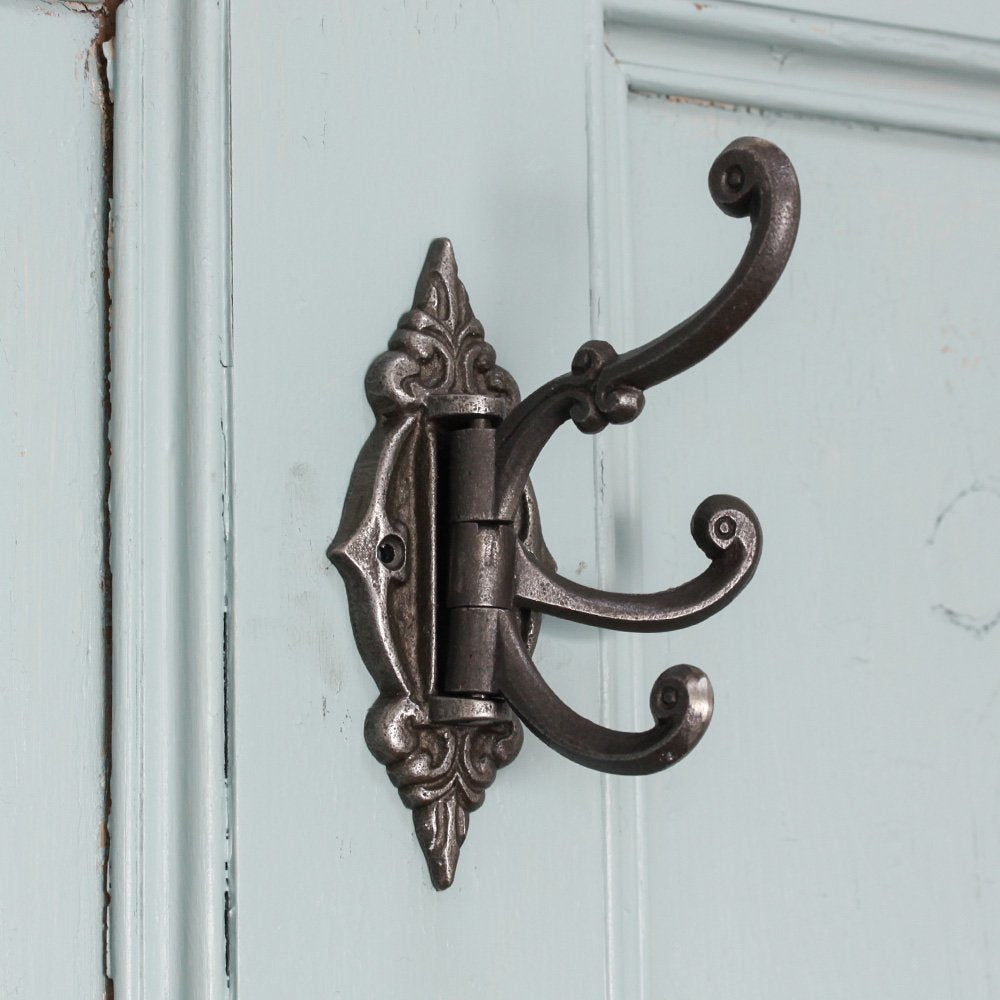 Ornate Cast Iron Triple Hinged Coat Hook - Heavy Duty Rustic Wall Mounted Hooks for Coats, Hats & Bags - Perfect for Entryway, Mudroom & Farmhouse Decor