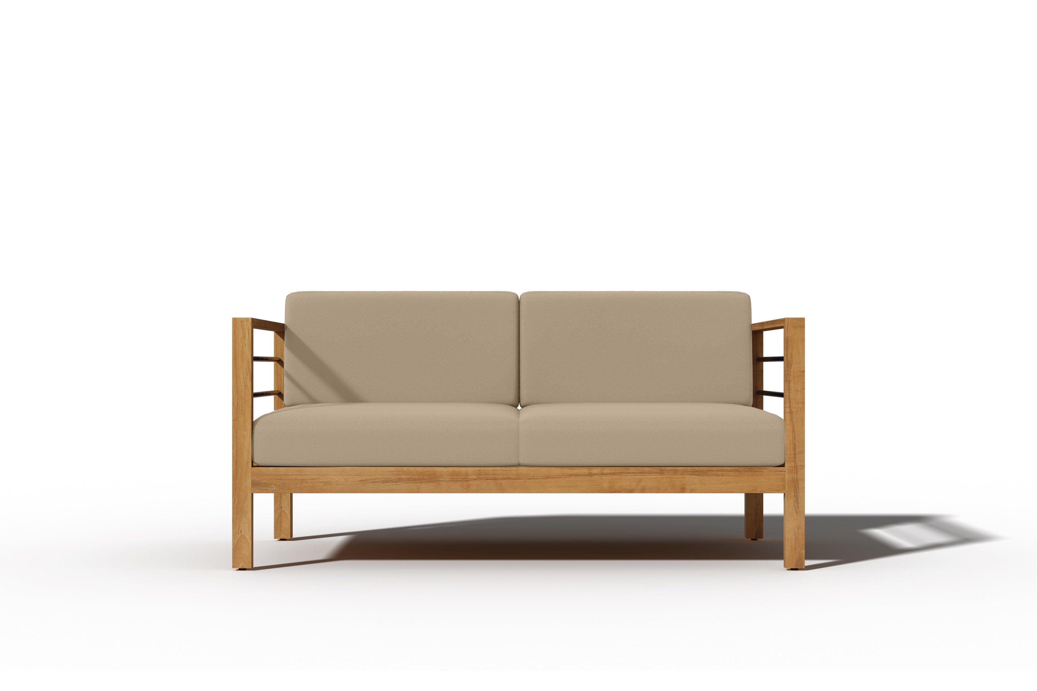 Premium 3-Person Teak Outdoor Sofa with Sunbrella Fawn Cushion – Weather-Resistant Patio Furniture for Garden, Poolside & Backyard Relaxation