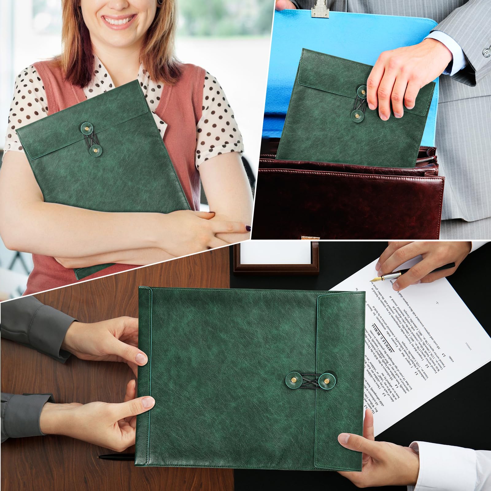 Bright Green A4 PU Leather File Folders - Document Organizer with String Tie Closure, Laptop Sleeve & Notebook Case - Perfect for Office, School & Business Travel (1PC)