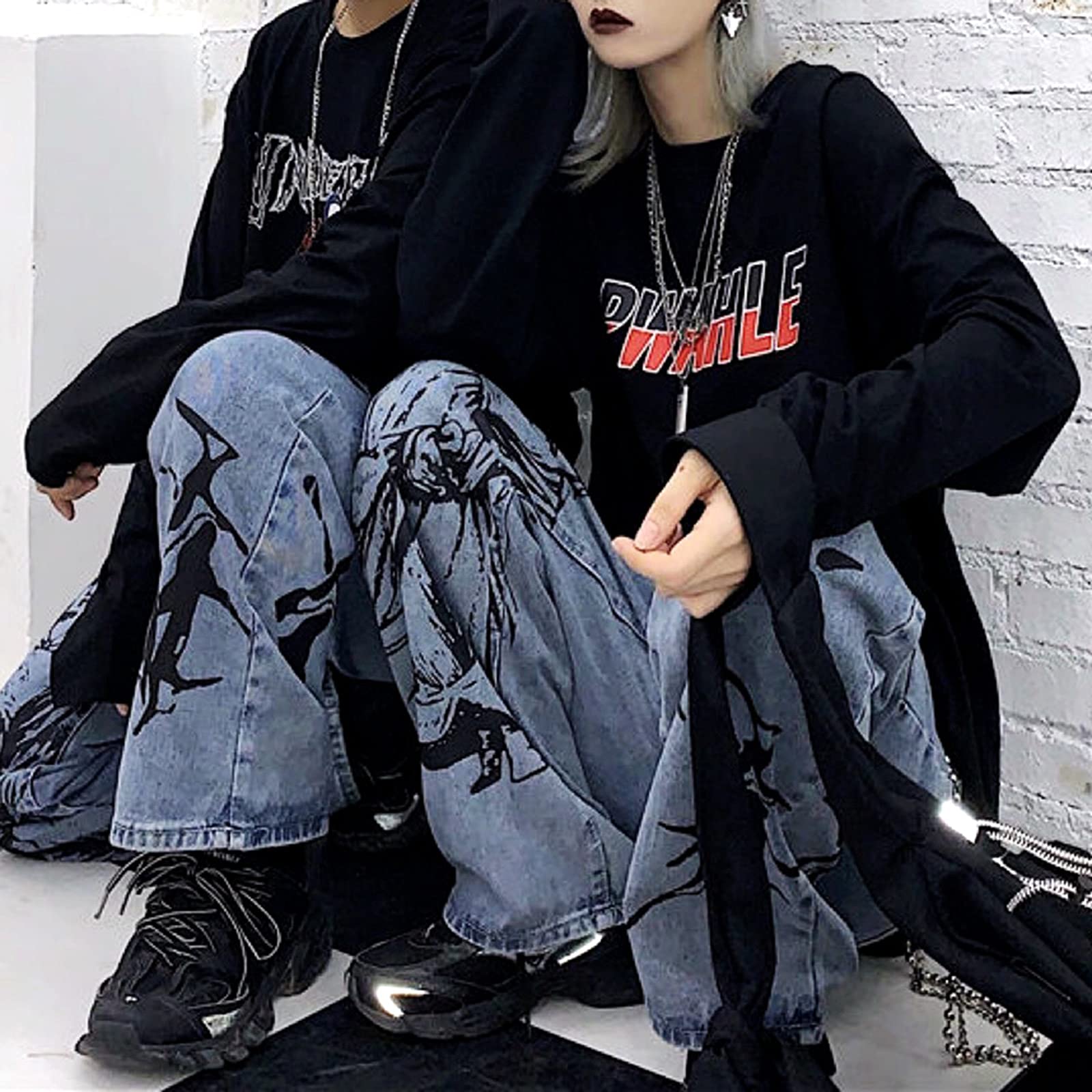 FOMOYUU High Waisted Baggy Jeans for Women - Y2K Streetwear Fashion with Print Design | Perfect for Teen Girls & Casual Outfits | Great for Parties, Shopping & Everyday Wear