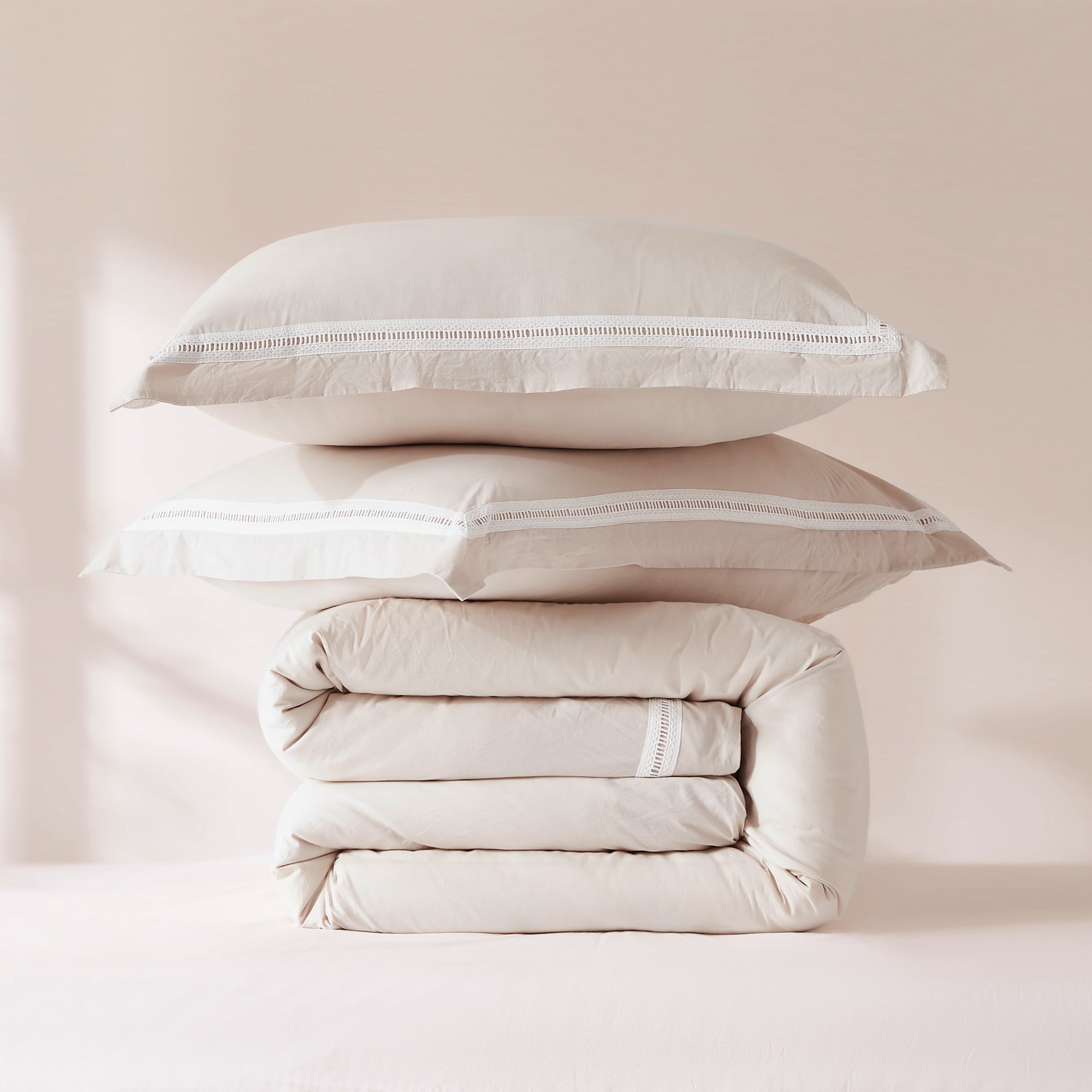 Doris Eyelet Inset Trim Cotton Duvet Cover Set - Queen Size Bedding Set with Pillowcases - Breathable Soft Duvet Cover for Bedroom, Guest Room & Dorm Decor