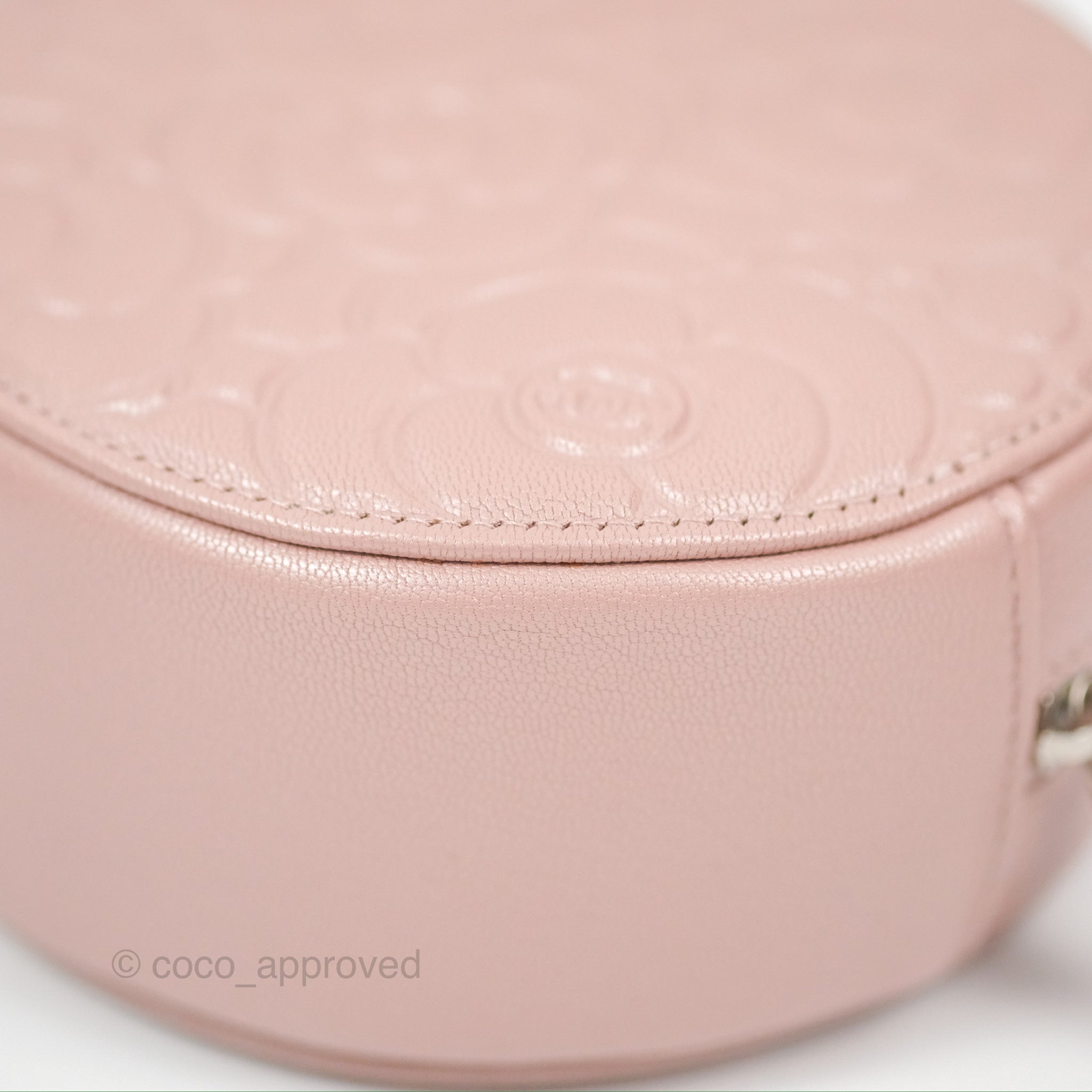 Chanel Camellia Embossed Round Clutch Bag with Chain - Iridescent Light Pink Goatskin Leather & Silver Hardware | Evening Party, Wedding, Special Occasion Accessory