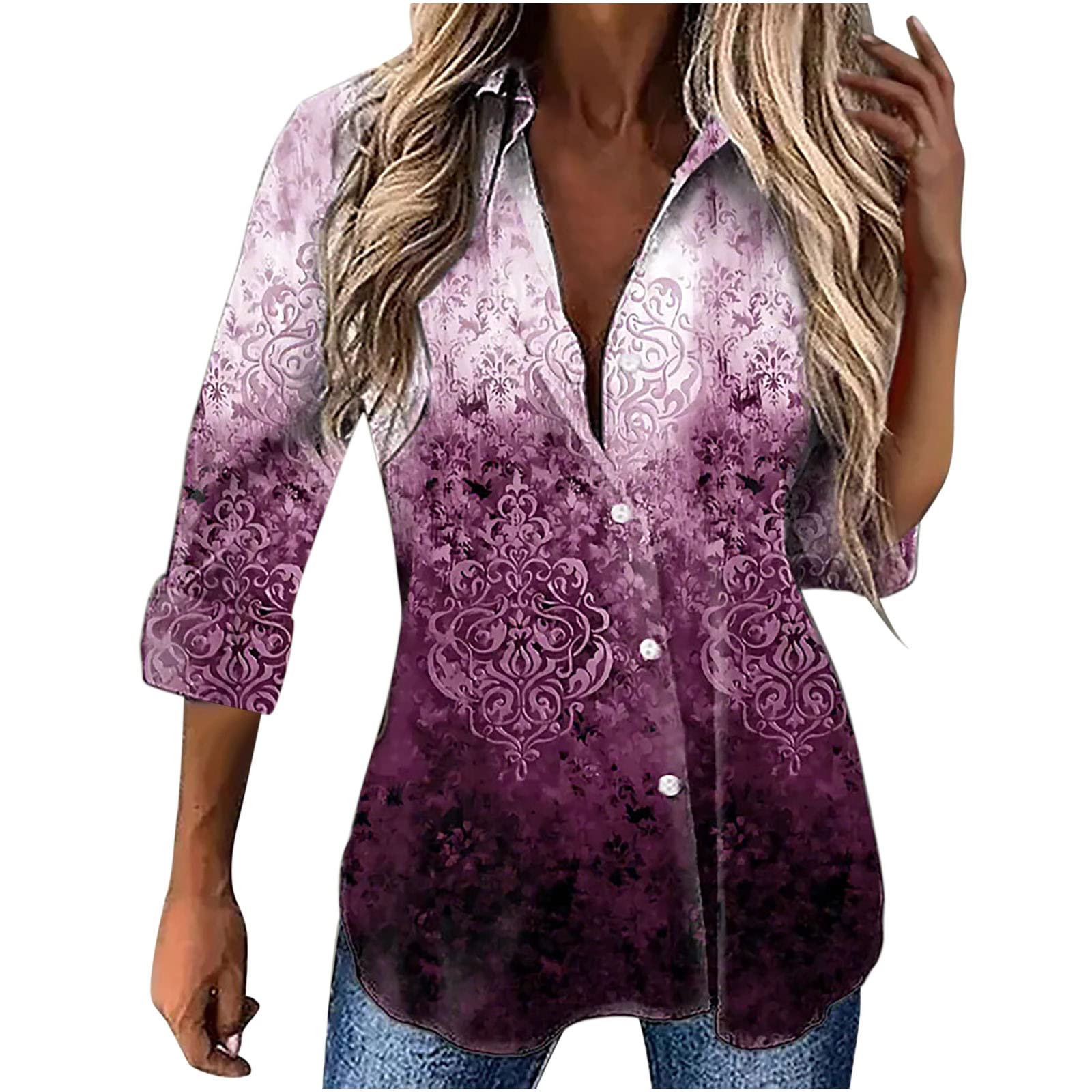 Women's 3/4 Sleeve V-Neck Button Down Blouse - Vintage Floral Print Gradient Tunic Top for Summer | Casual Office Wear & Date Night Outfits