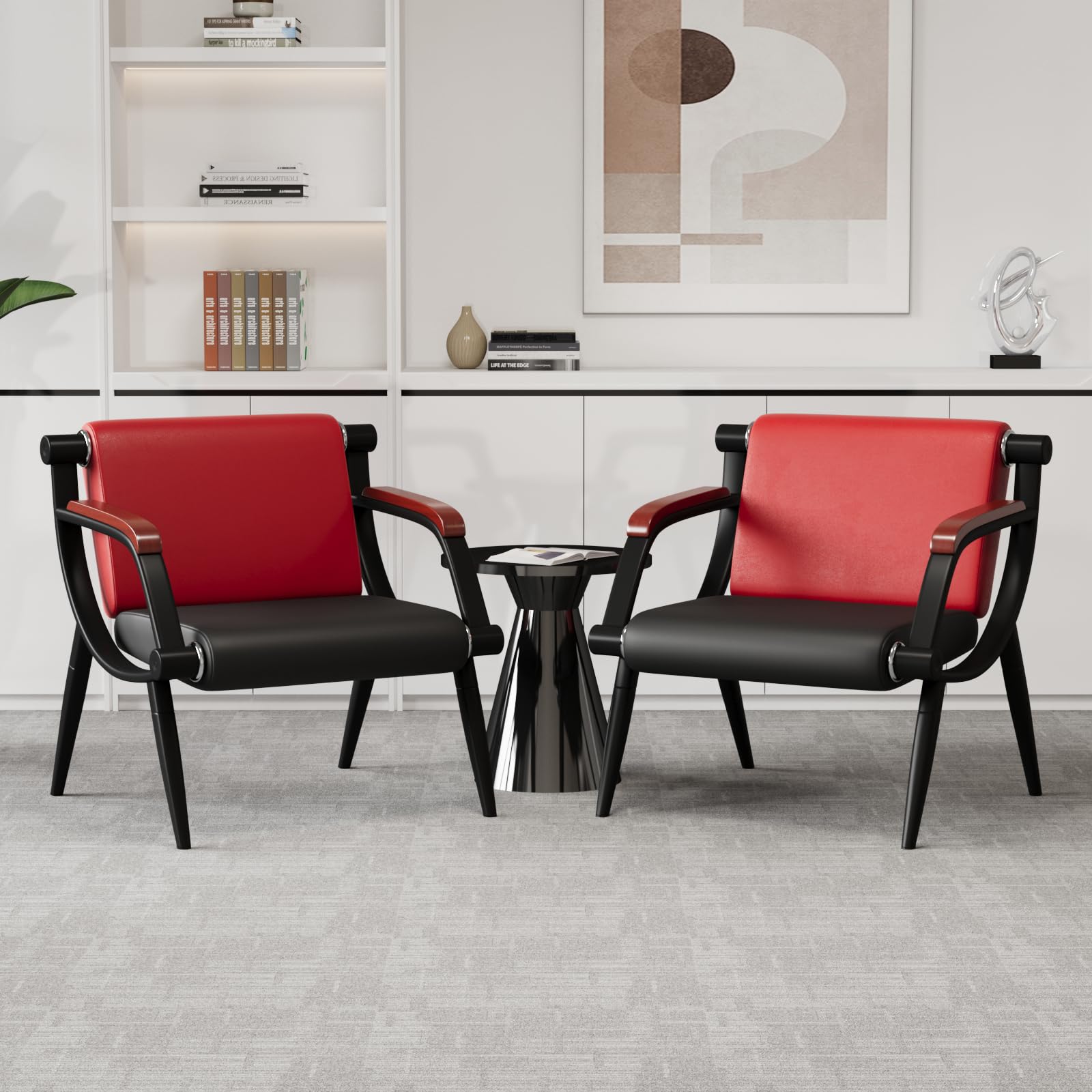 Premium Waiting Room Chairs - Leather Reception Chairs with Arms for Office, Clinic, Airport, Hospital, Barber Salon & Bank | Comfortable Seating Solution in Red & Black | Perfect for Professional Spaces & High-Traffic Areas
