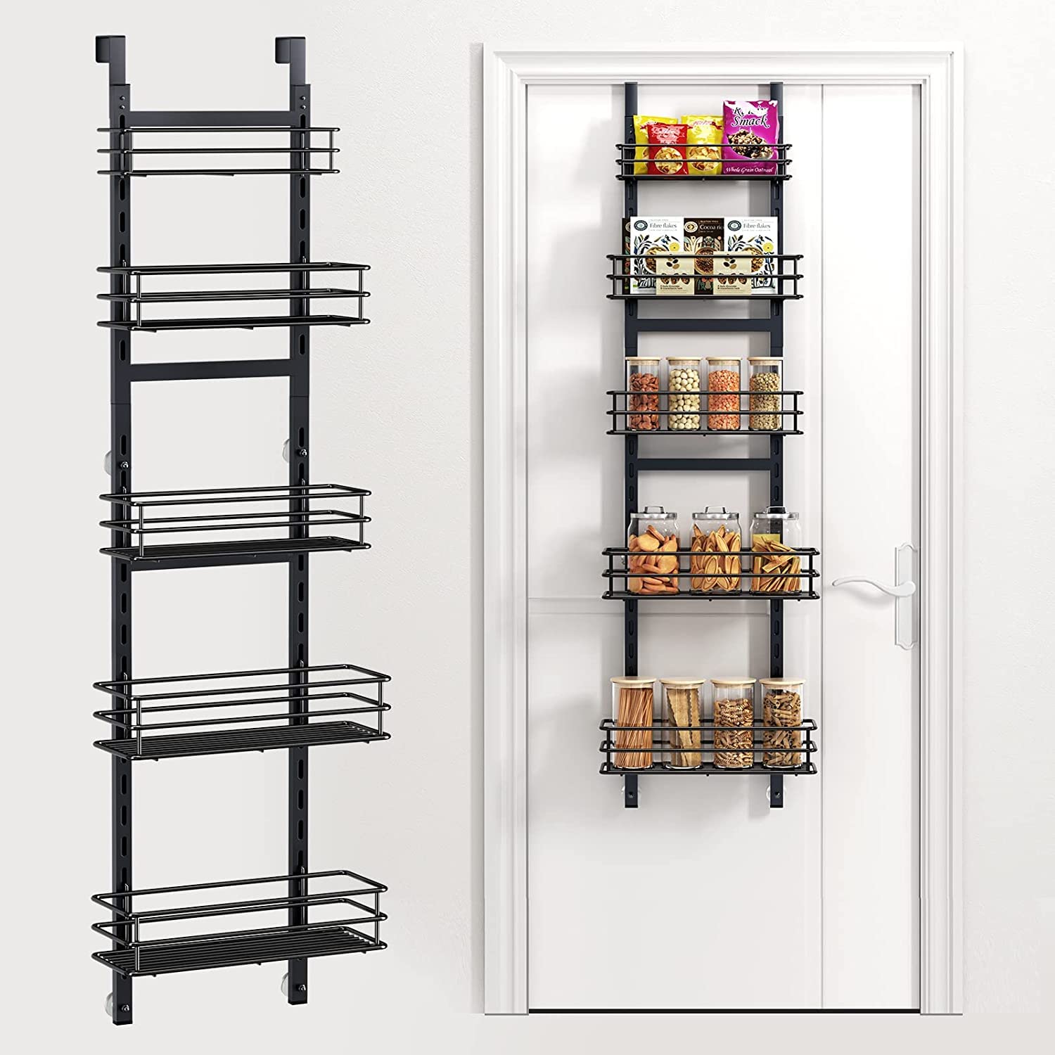 Adjustable 5-Tier Over the Door Pantry Organizer - Space Saving Spice Rack & Narrow Hanging Shelf for Kitchen Storage - Perfect for Small Apartments, Dorm Rooms & Pantry Organization (White) - Ideal for Organizing Spices, Cans, Jars & Kitchen Essentials