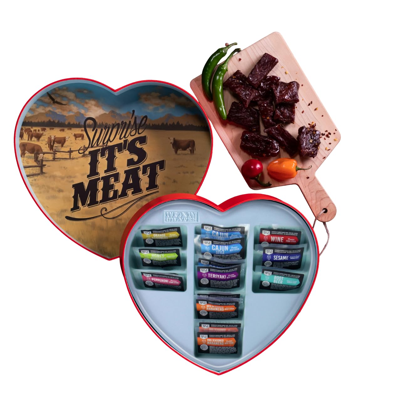 Premium Beef Jerky Gift Set - 14 Flavorful Snacks Including Habanero & Honey Bourbon in Heart-Shaped Box | Perfect for Valentine's Day Gifts, Anniversary Presents & Meat Lover Treats