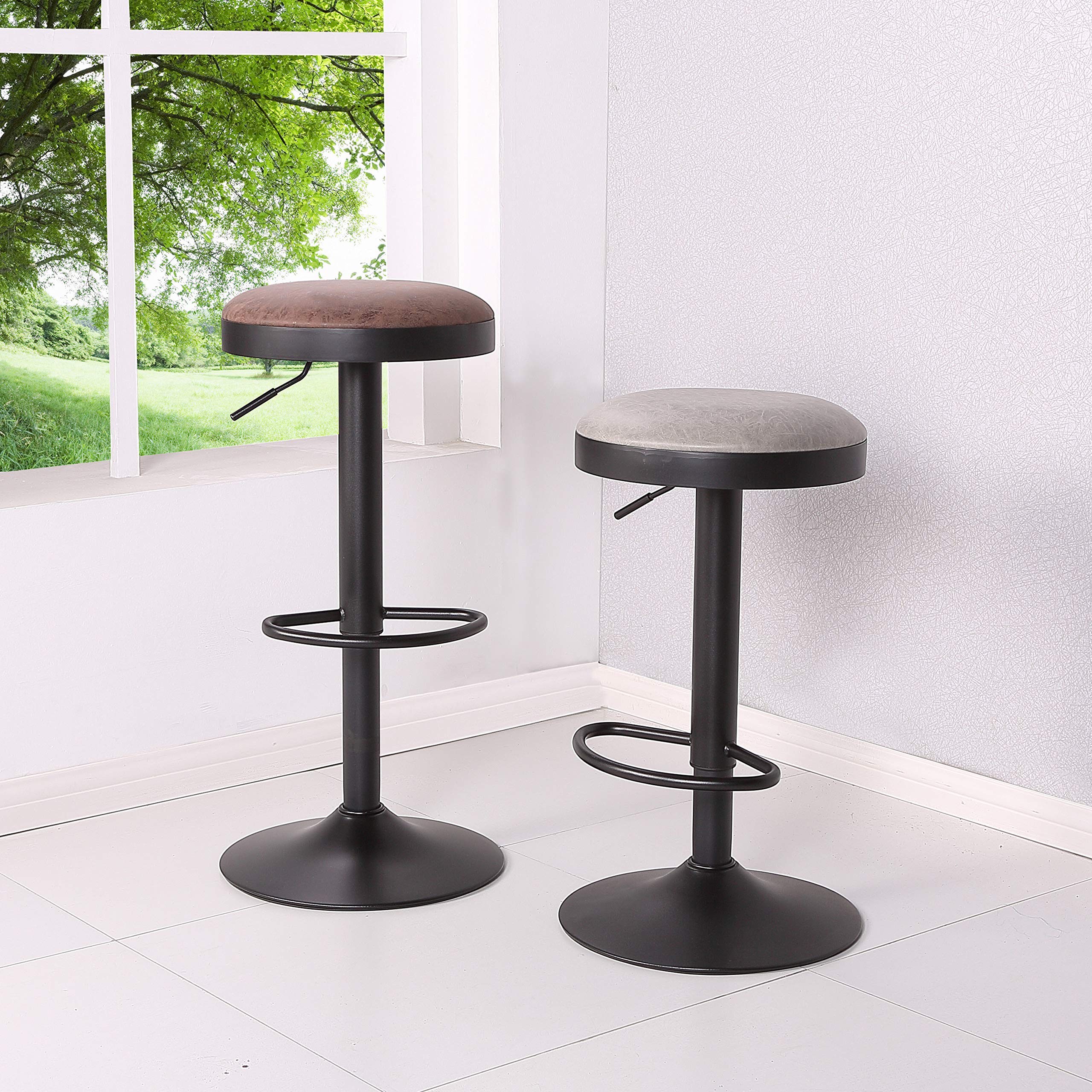 Premium PU Leather Gas Lift Swivel Bar Stools - Set of 2 Backless Counter Height Stools in Vintage Coffee Brown - Perfect for Home Bars, Kitchen Islands & Modern Dining Areas